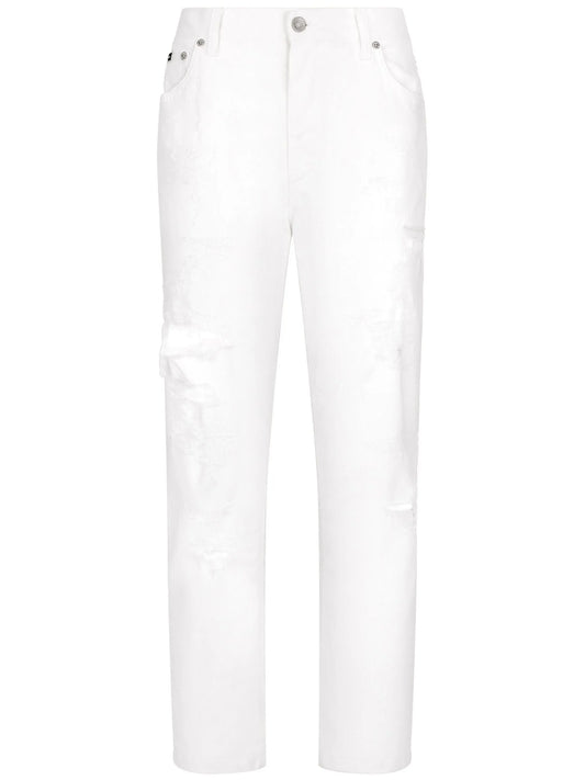 distressed-finish straight jeans