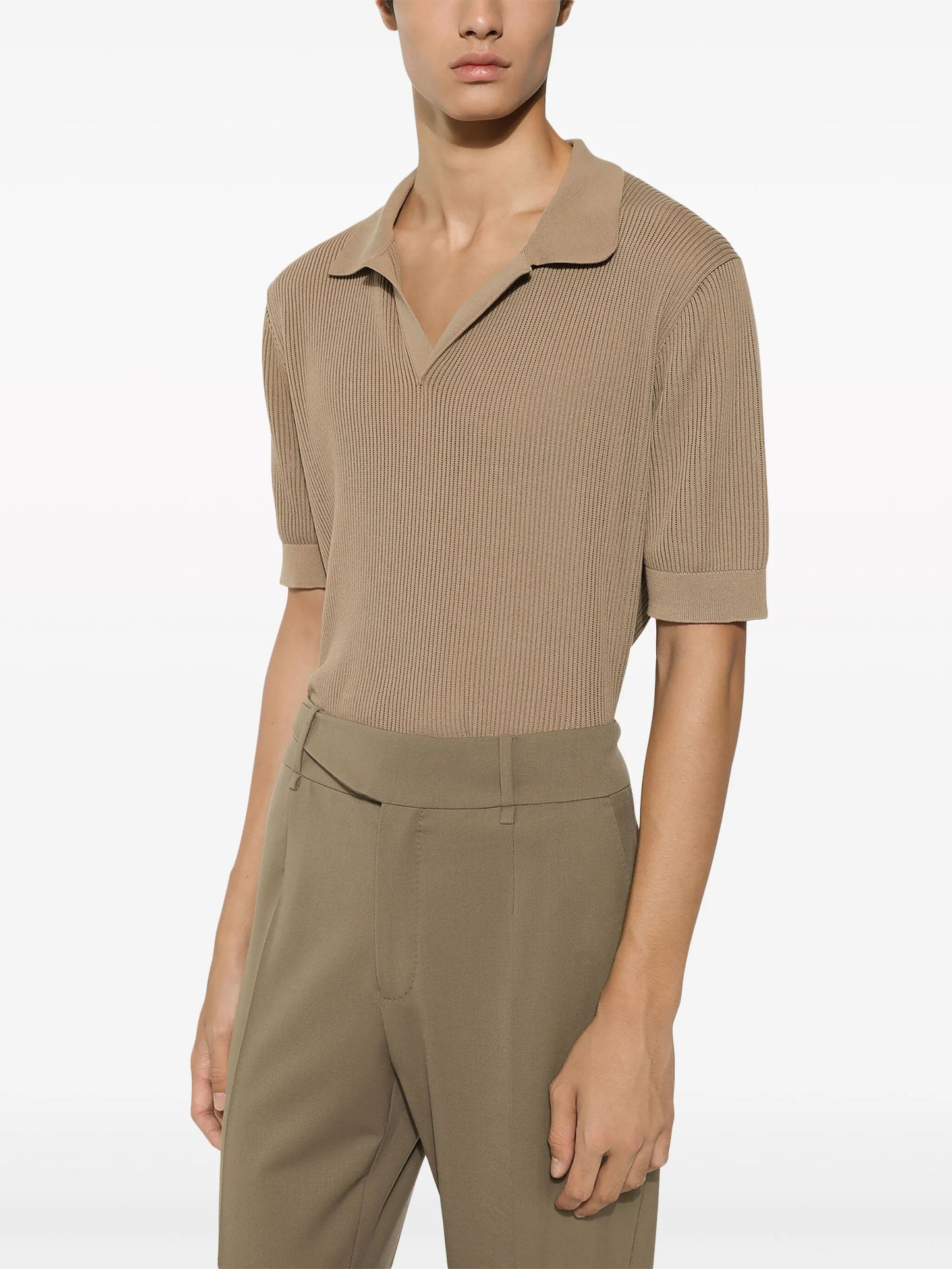 ribbed-knit cotton polo shirt