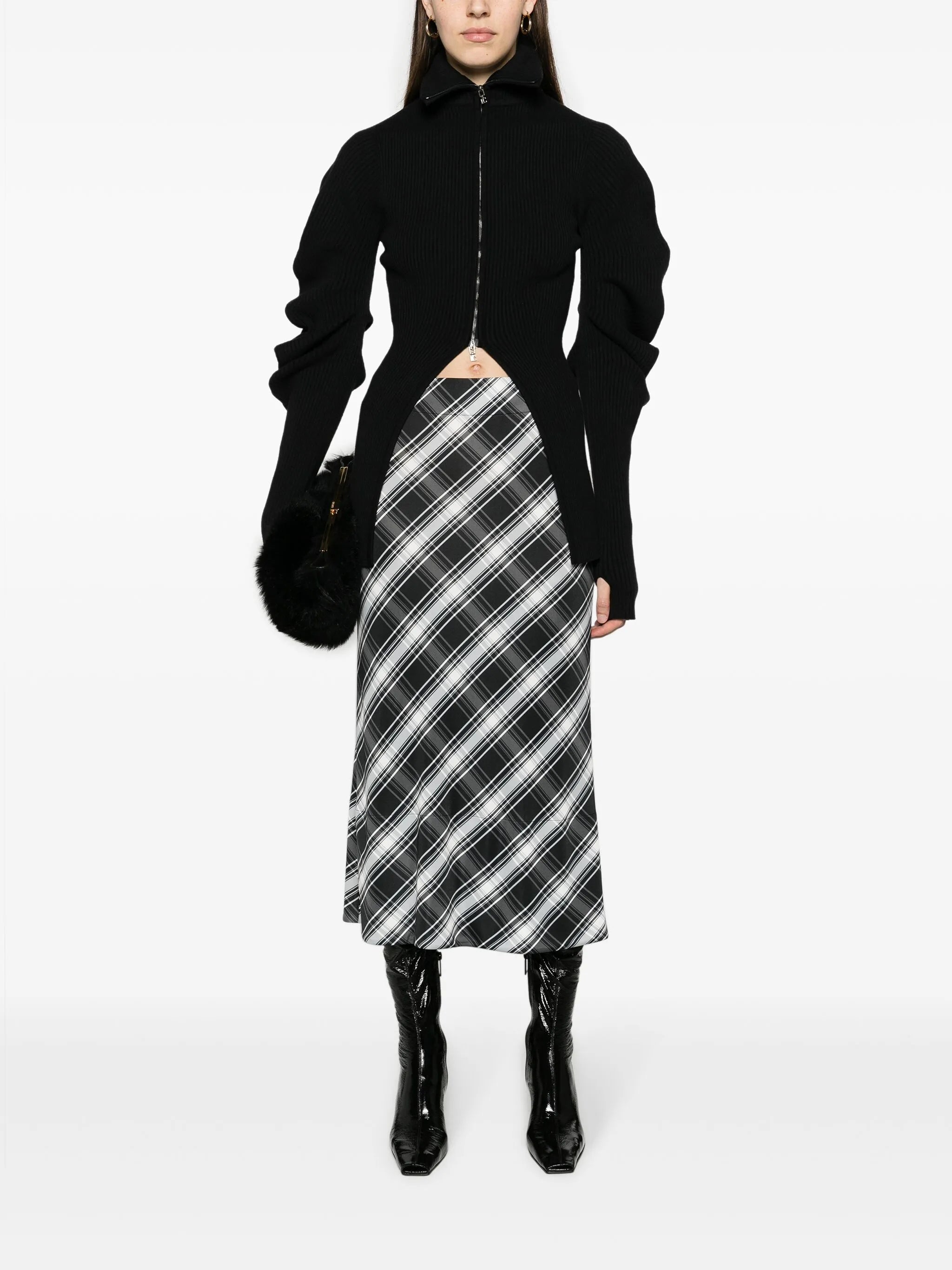 check-print flared midi skirt