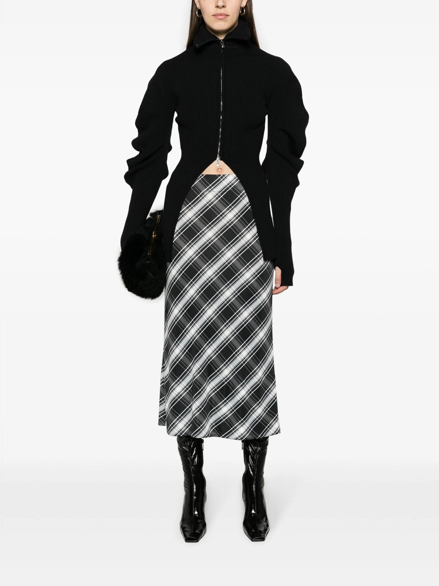 check-print flared midi skirt
