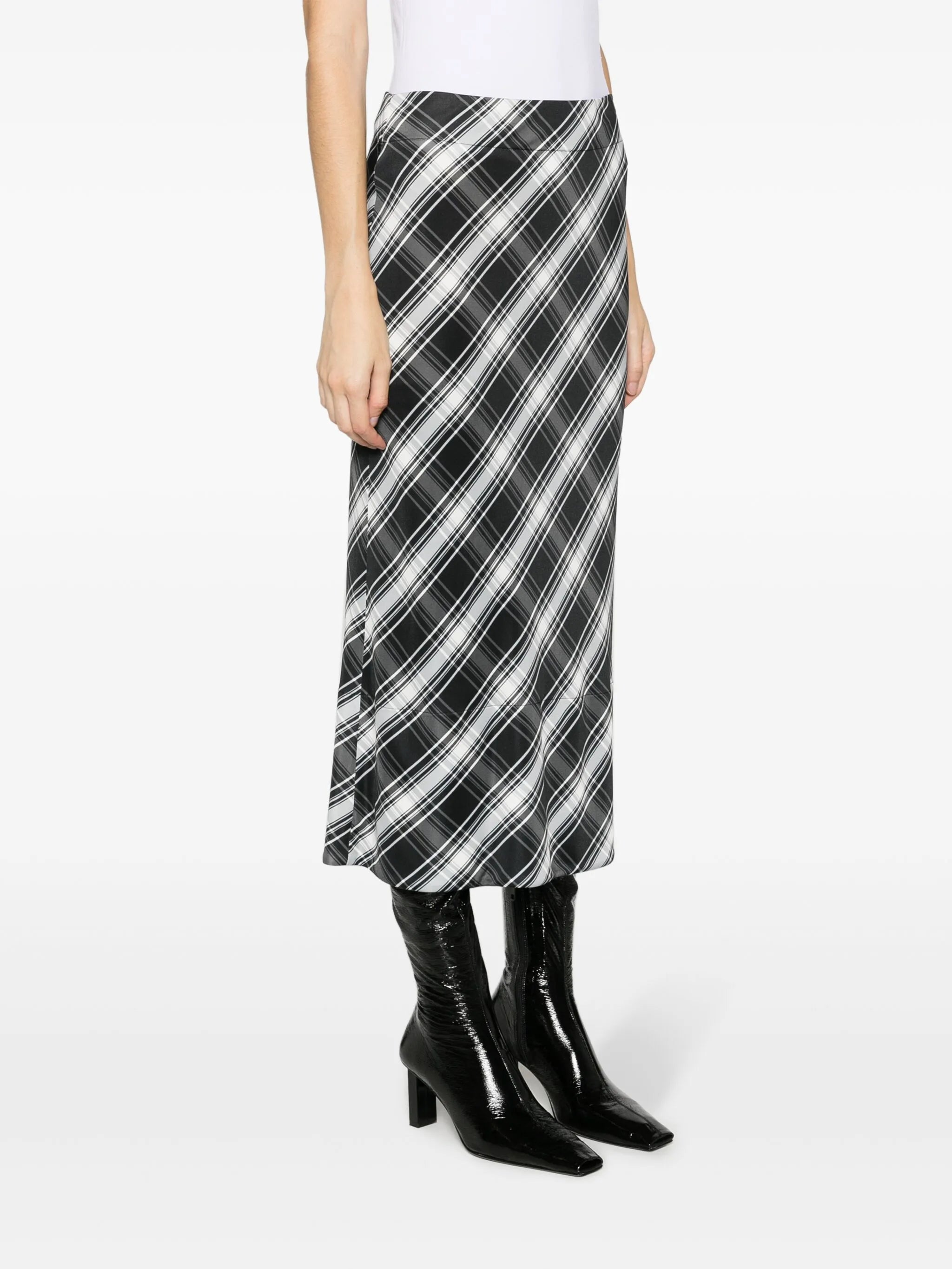 check-print flared midi skirt