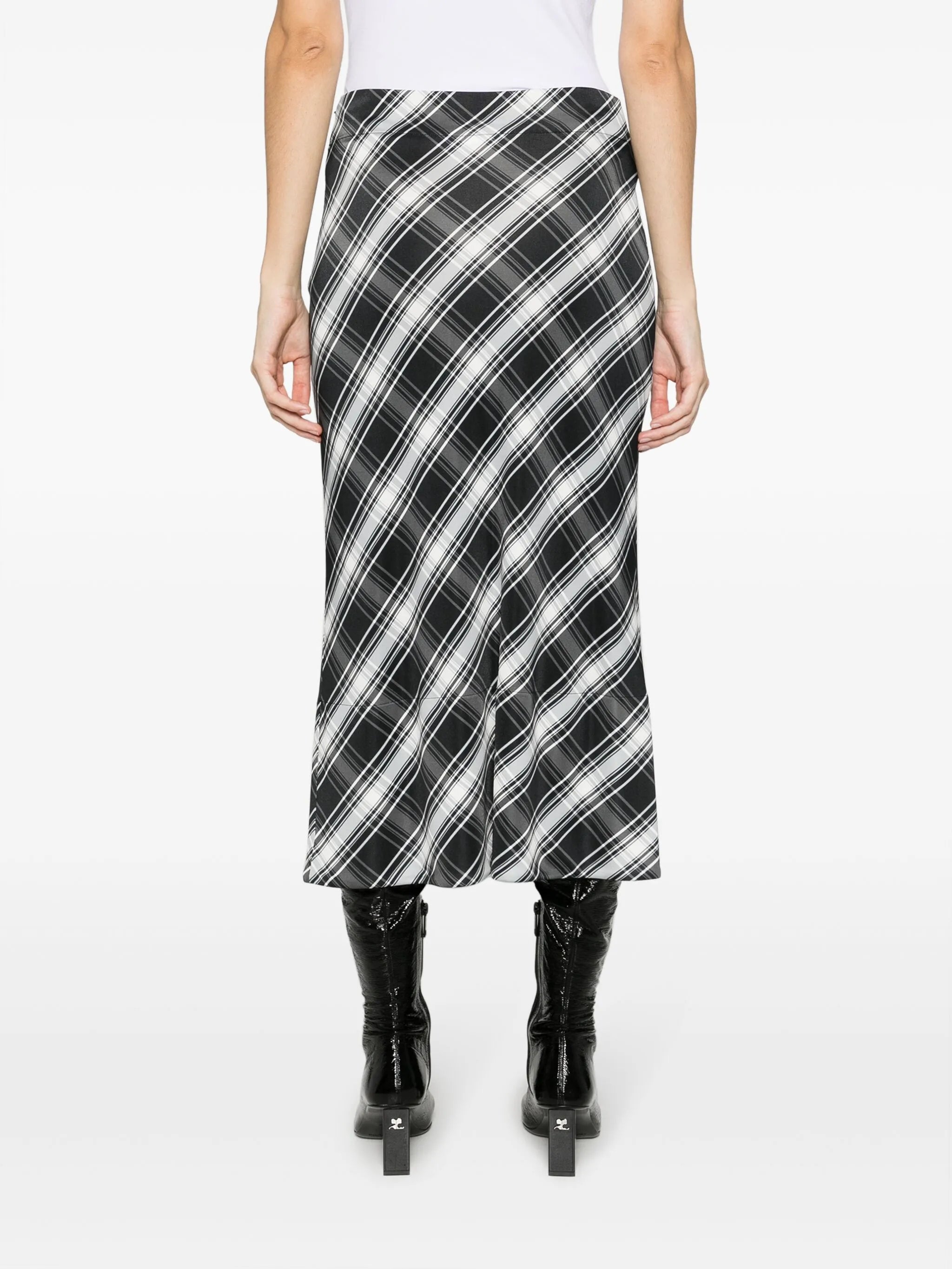 check-print flared midi skirt