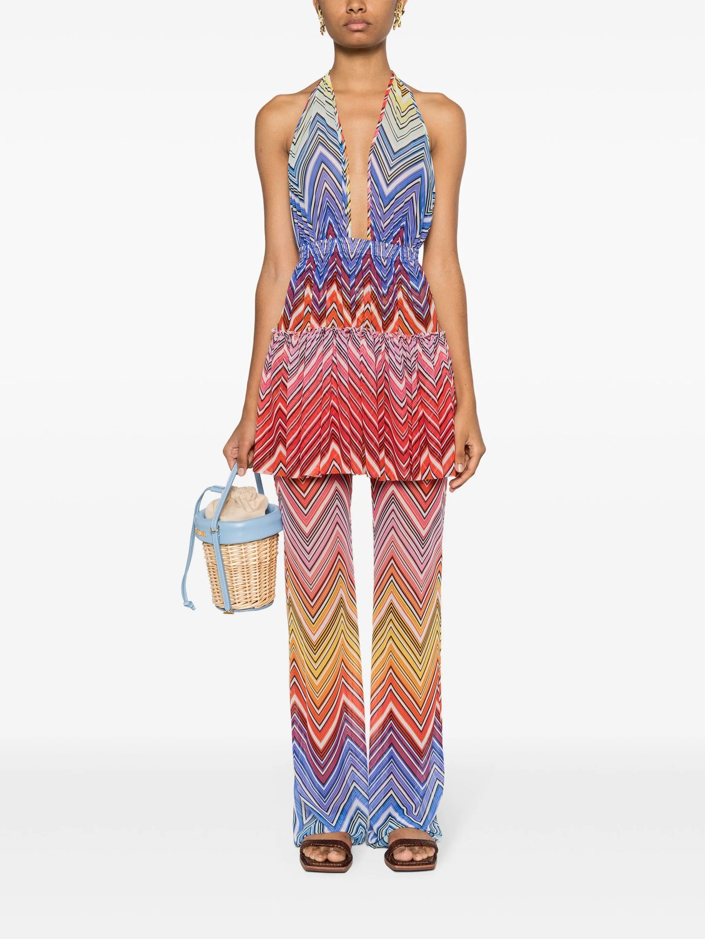 Zigzag-print straight-leg tulle trousers