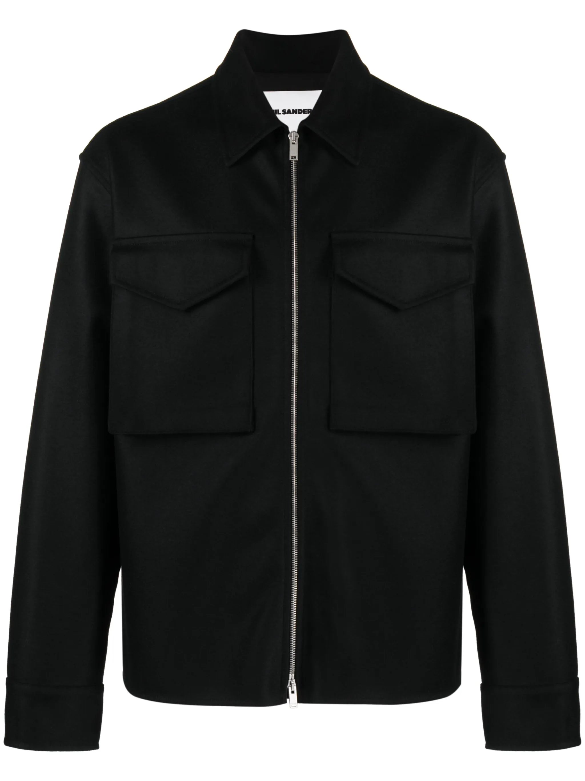 pointed-collar zip-up wool jacket