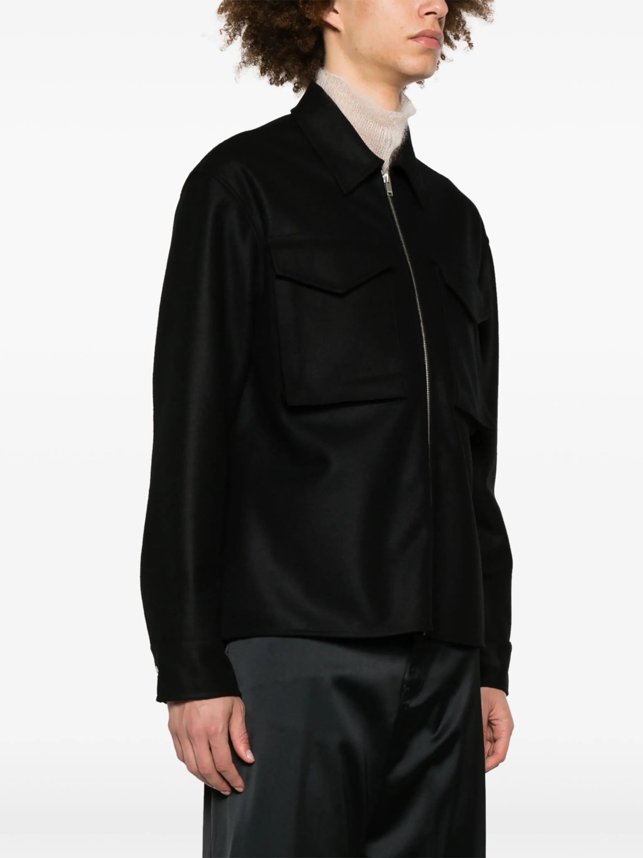 pointed-collar zip-up wool jacket