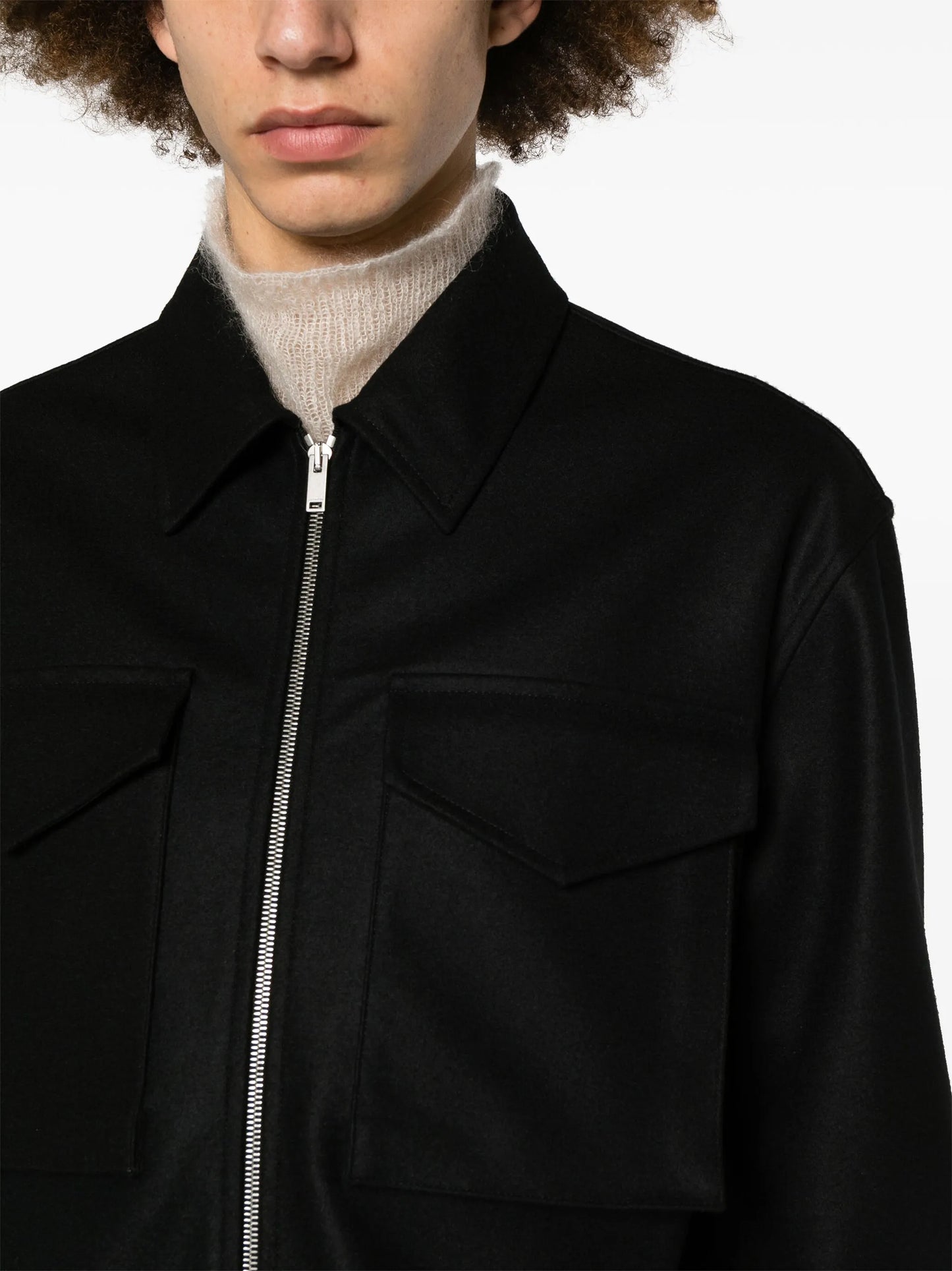 pointed-collar zip-up wool jacket