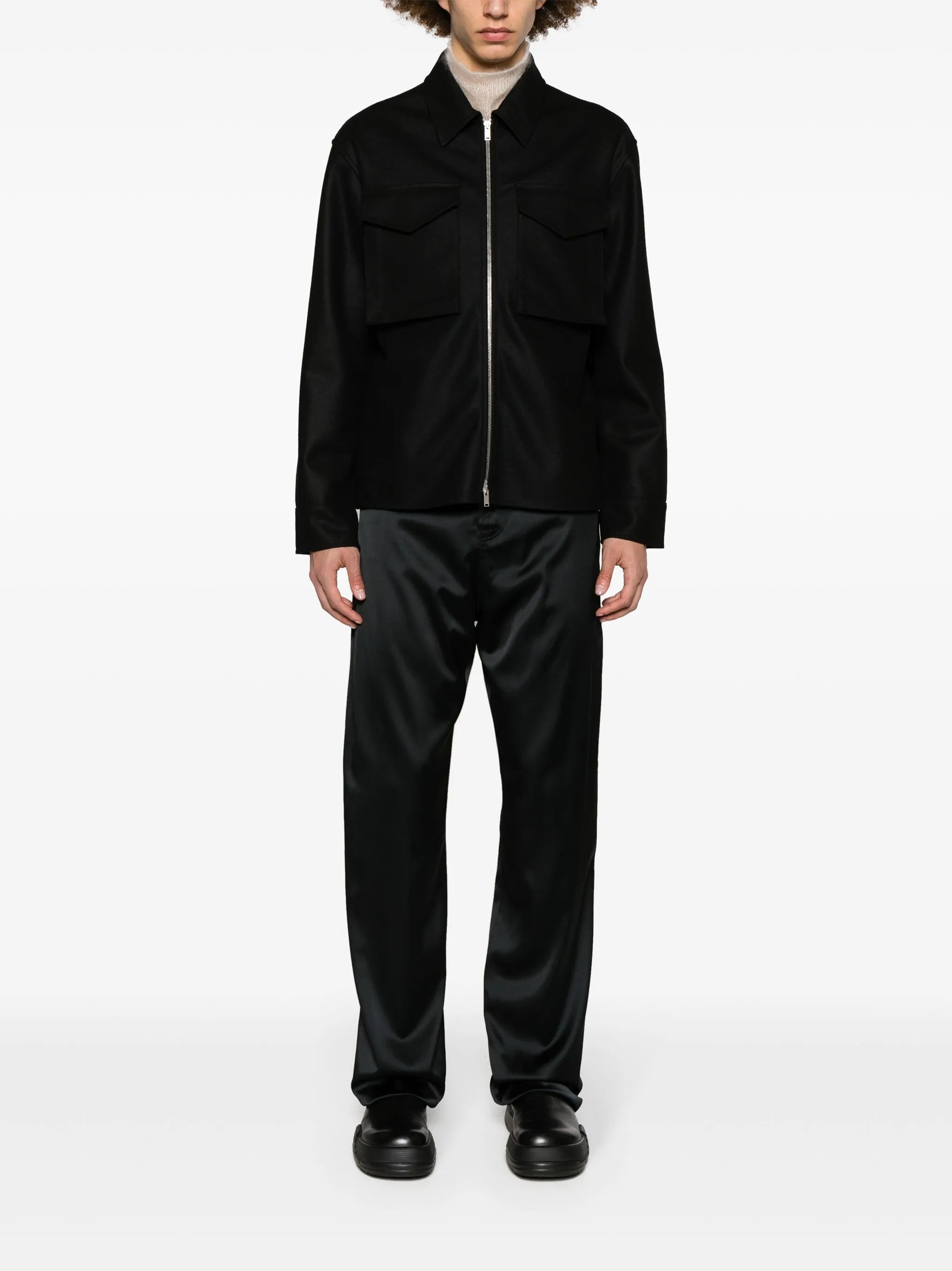 pointed-collar zip-up wool jacket