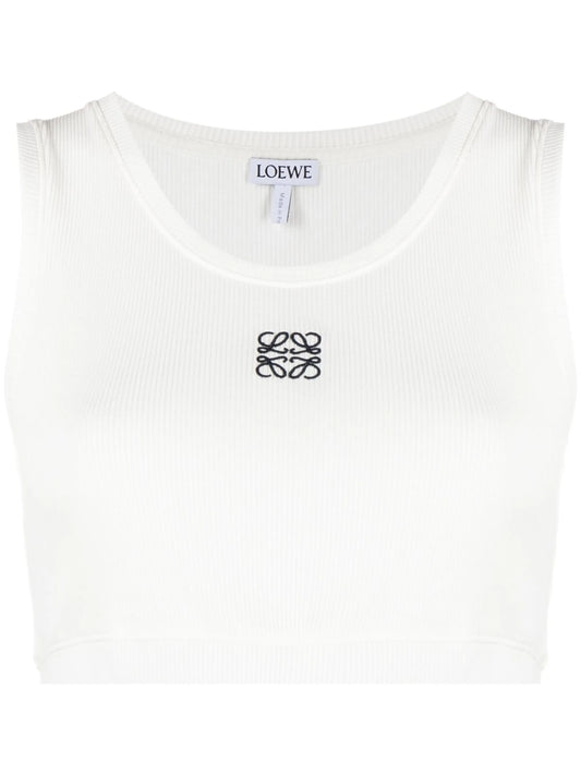 Anagram-embroidered ribbed-knit crop top