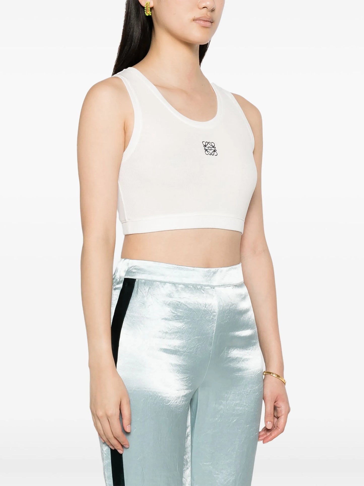Anagram-embroidered ribbed-knit crop top