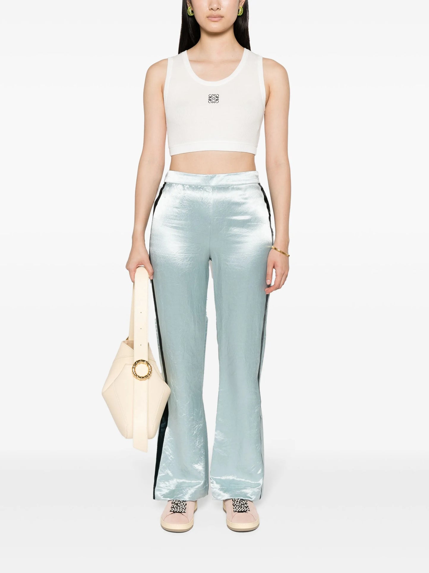 Anagram-embroidered ribbed-knit crop top