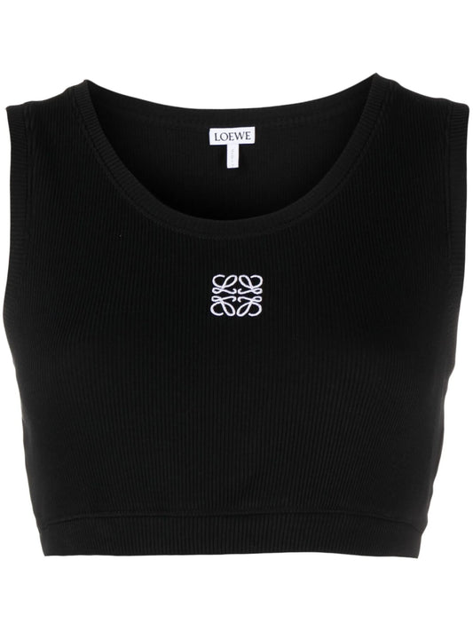Anagram-embroidered ribbed-knit crop top