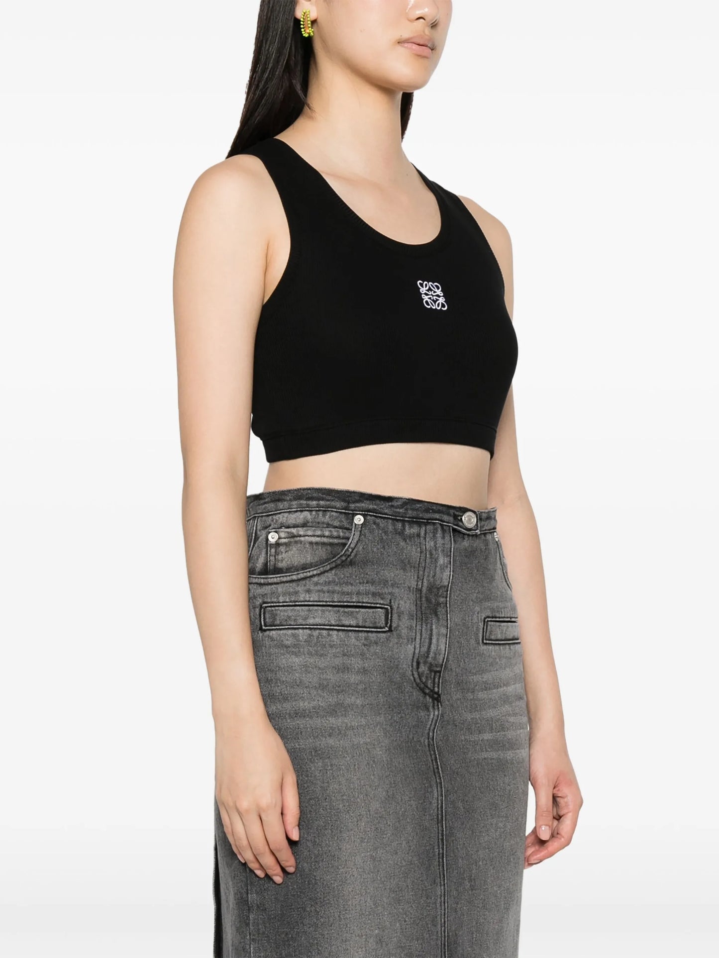 Anagram-embroidered ribbed-knit crop top