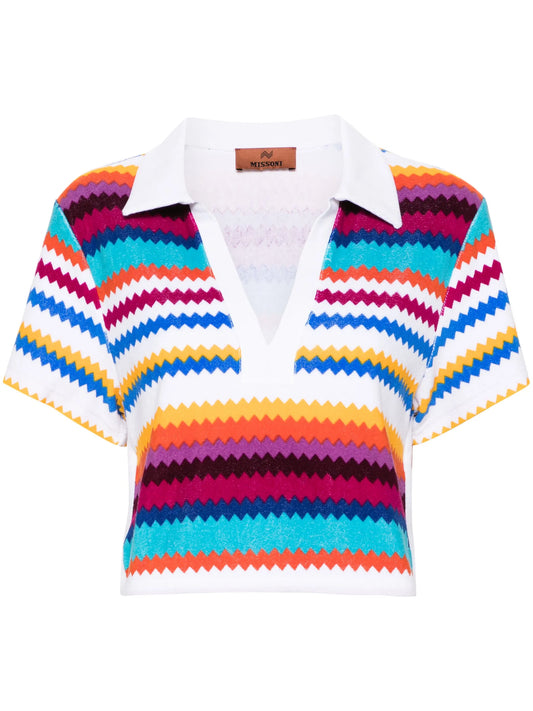 chevron-pattern cropped polo top