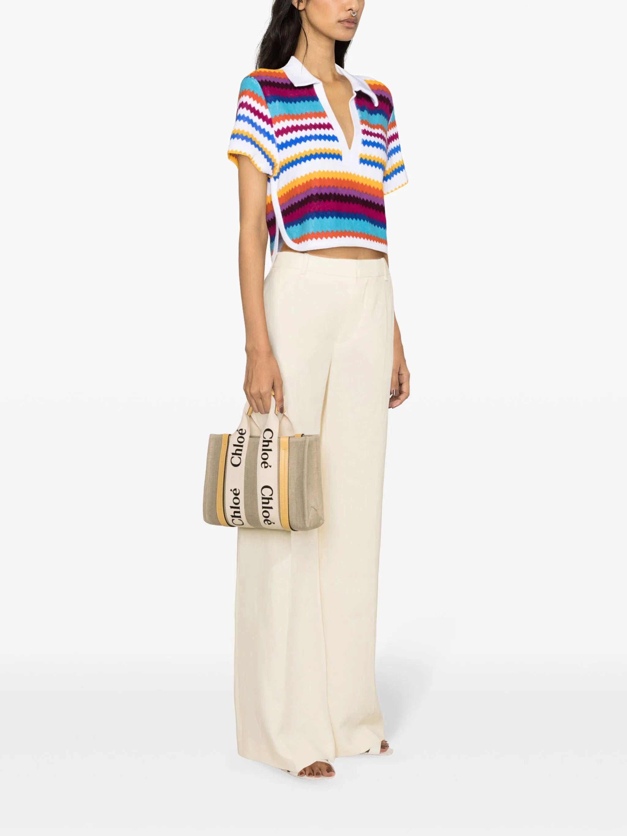chevron-pattern cropped polo top