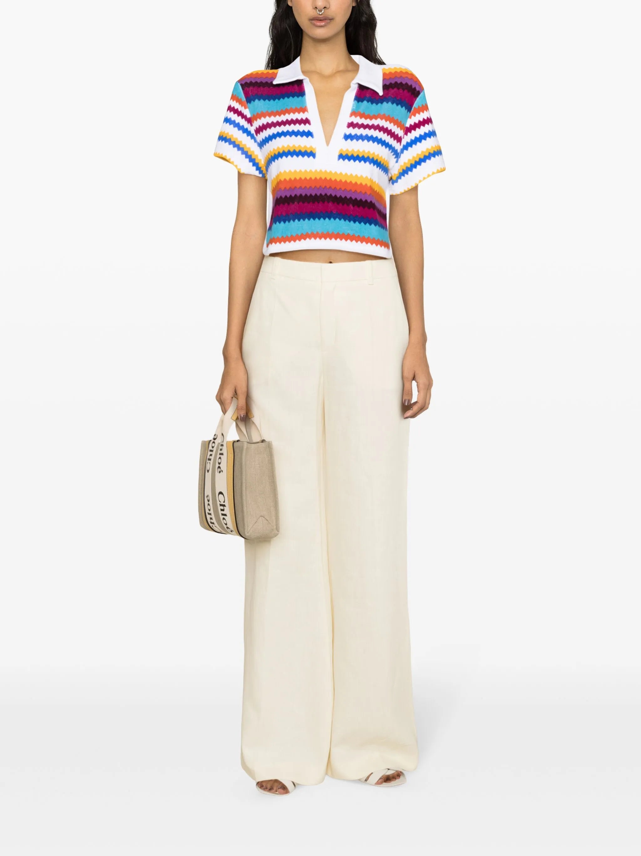 chevron-pattern cropped polo top
