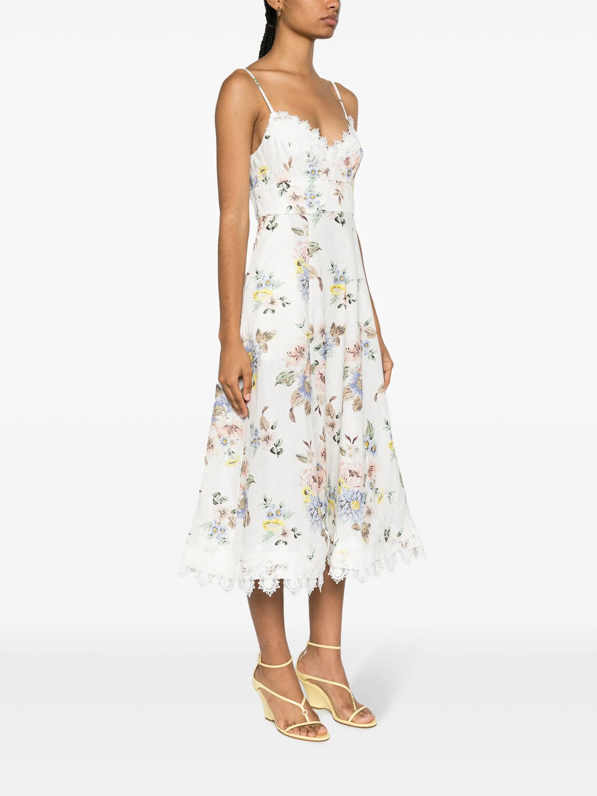 floral-print linen midi dress