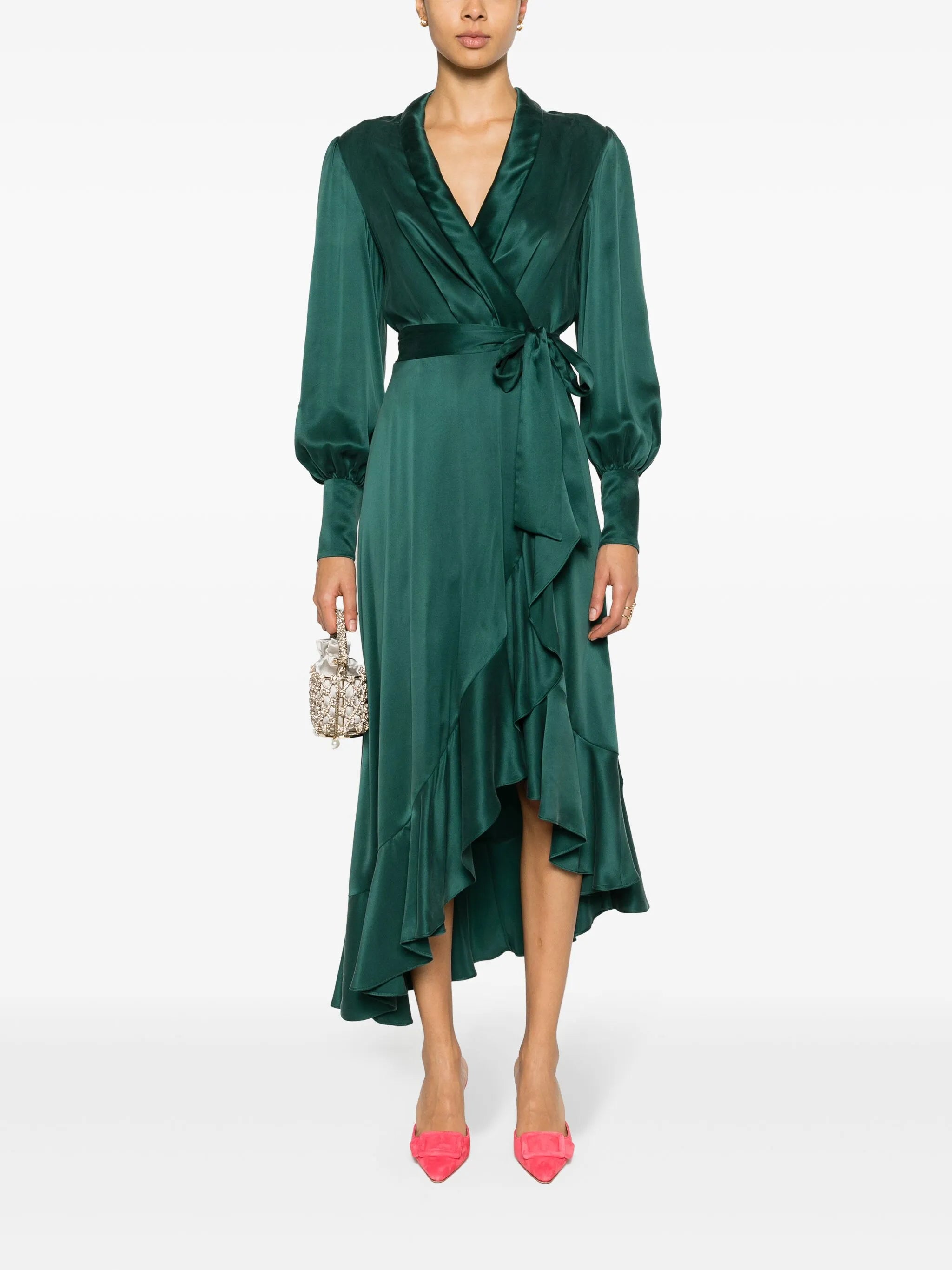long-sleeve wrap silk midi dress
