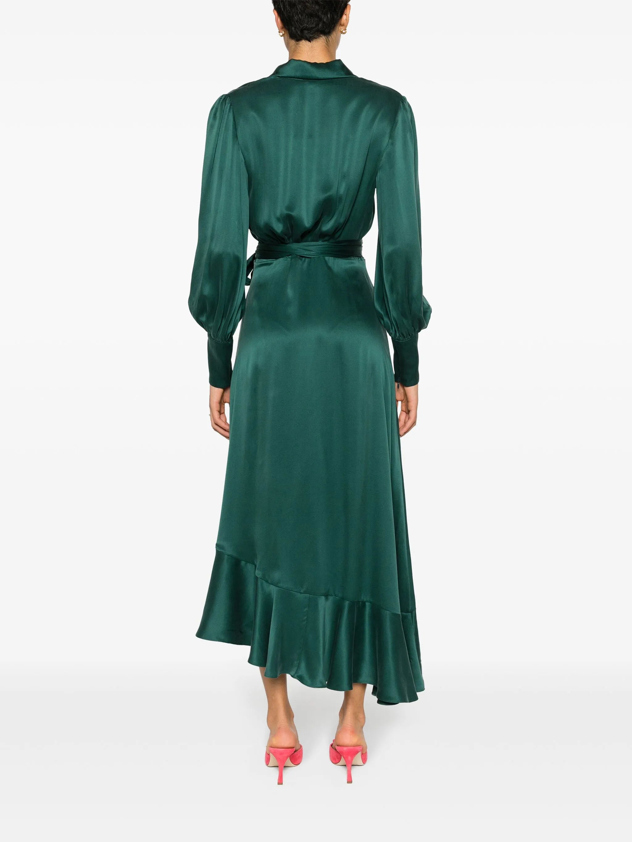 long-sleeve wrap silk midi dress
