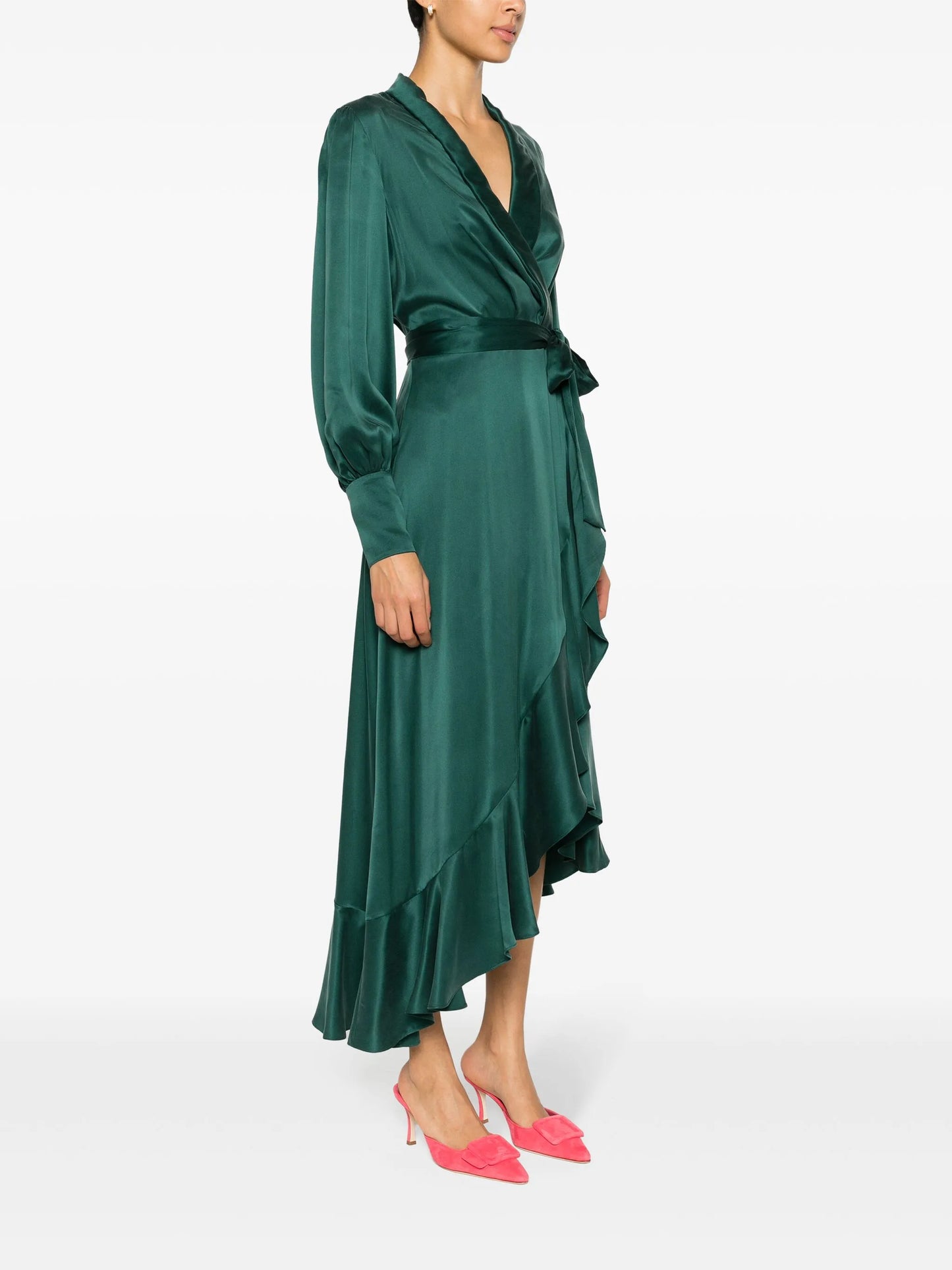 long-sleeve wrap silk midi dress
