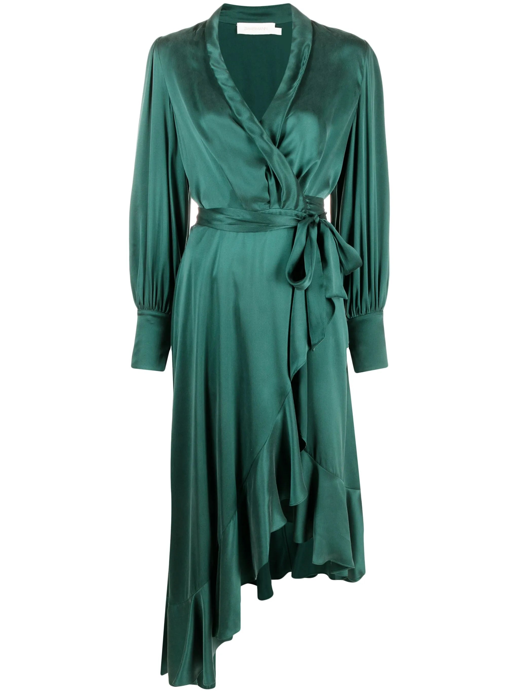 long-sleeve wrap silk midi dress