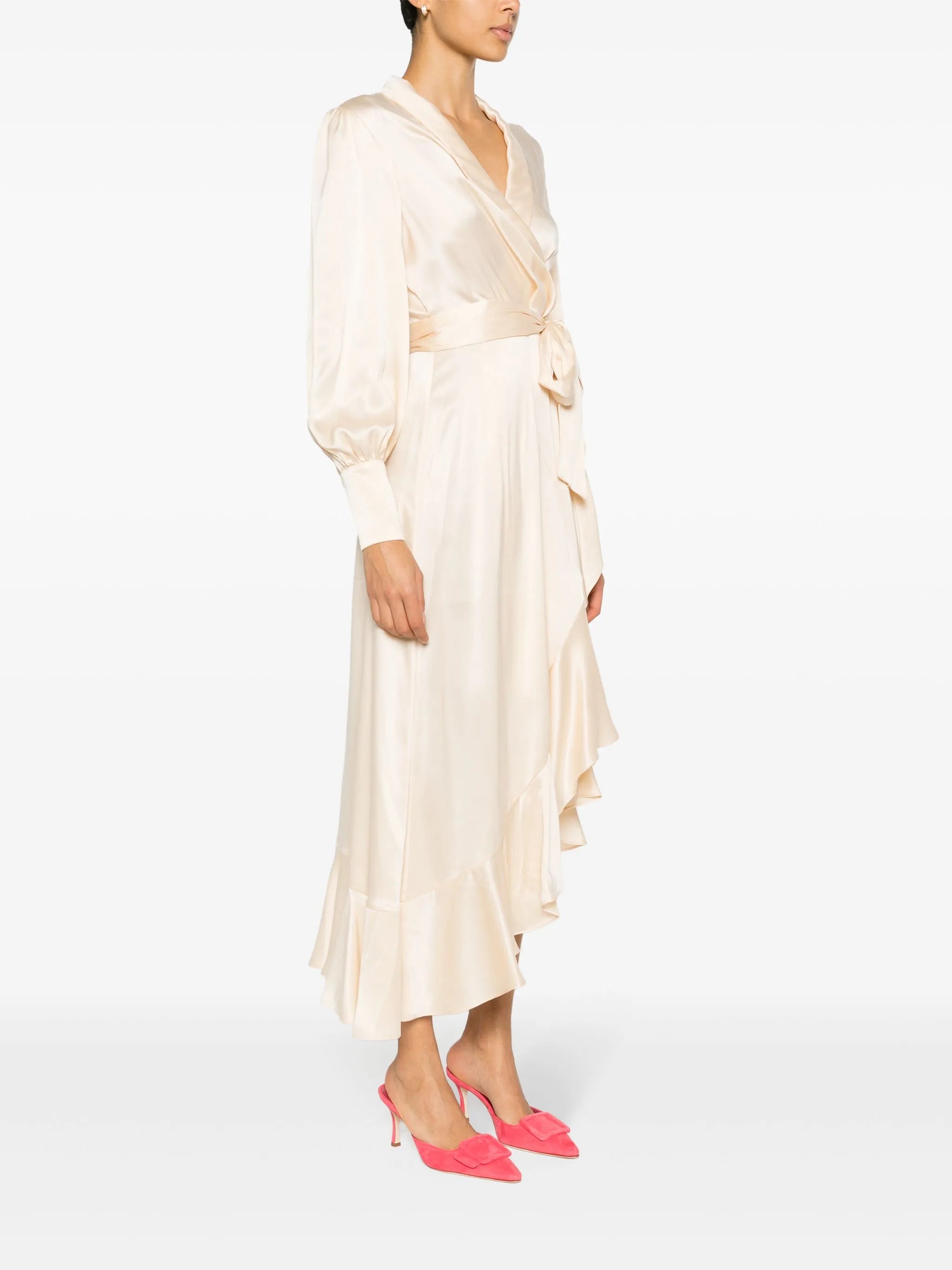 long-sleeve wrap silk midi dress
