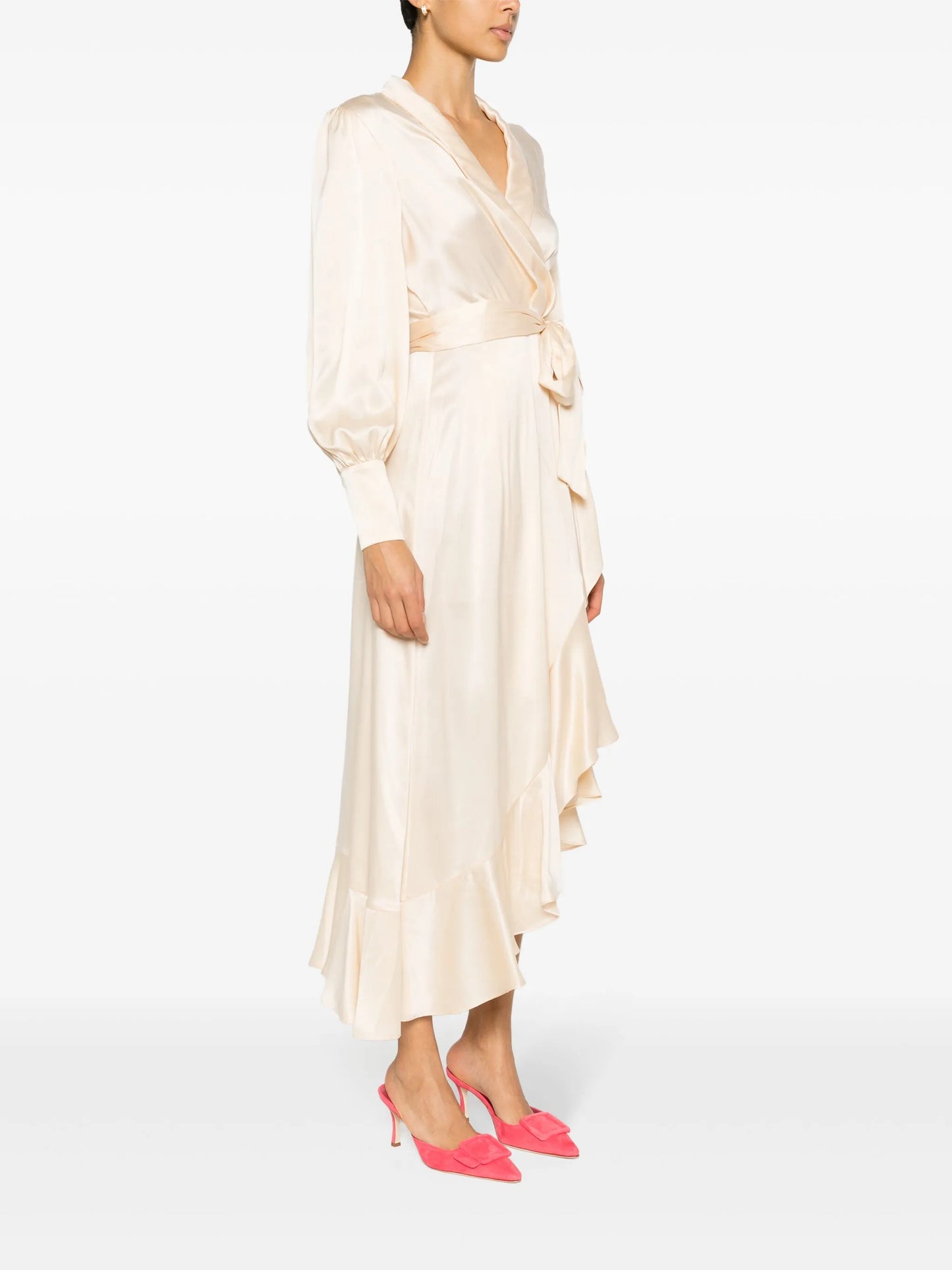 long-sleeve wrap silk midi dress