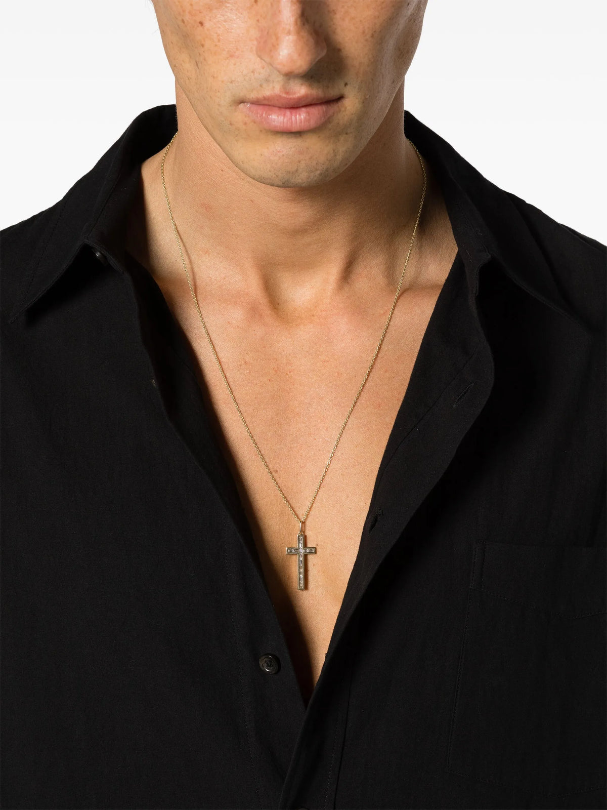 gold & diamond channel set baguette cross charm