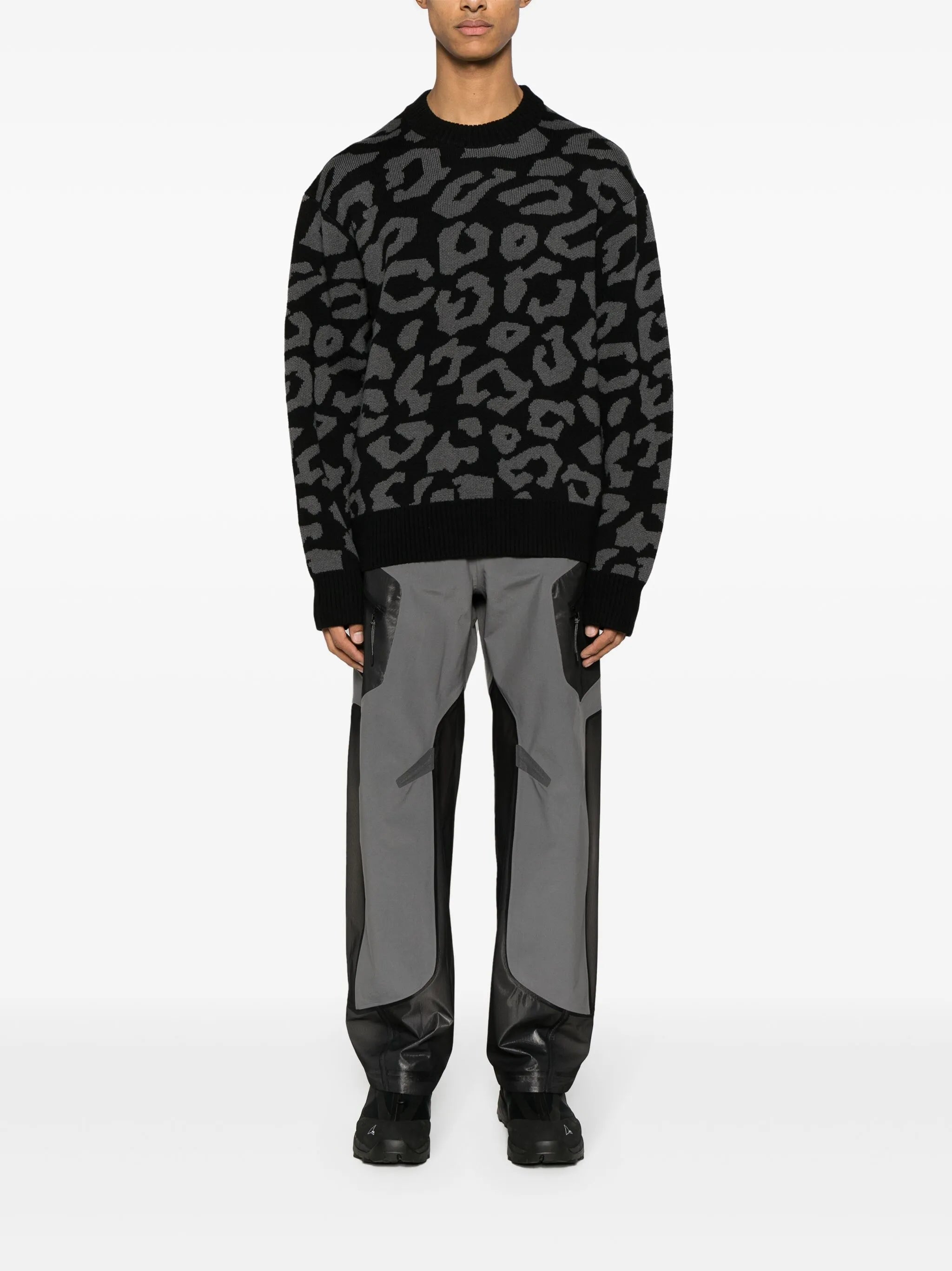 Olive patterned intarsia-knit jumper