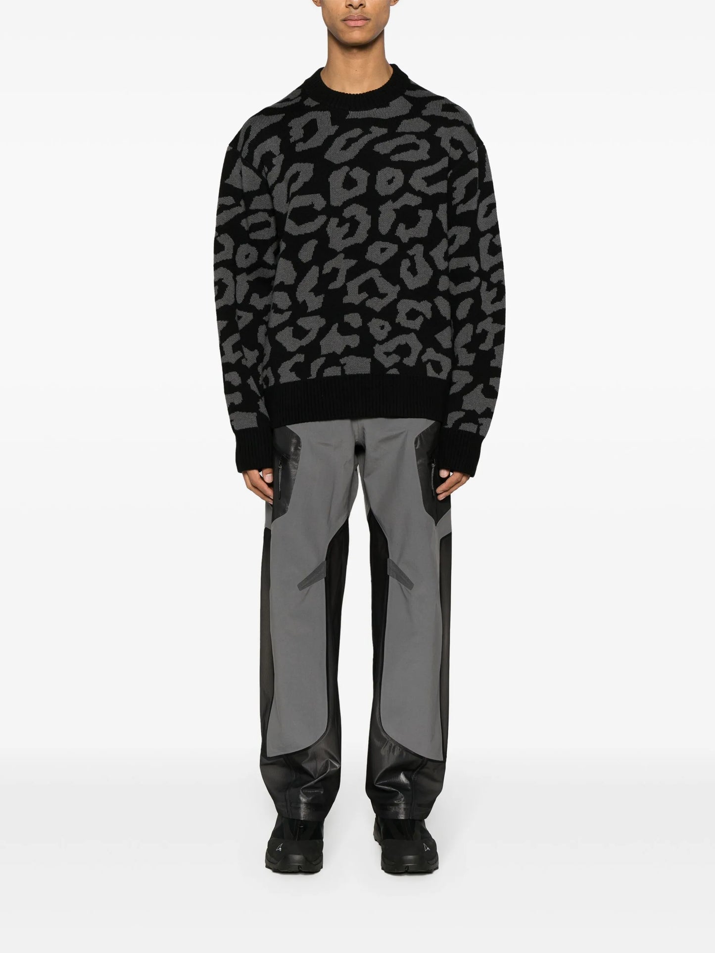 Olive patterned intarsia-knit jumper