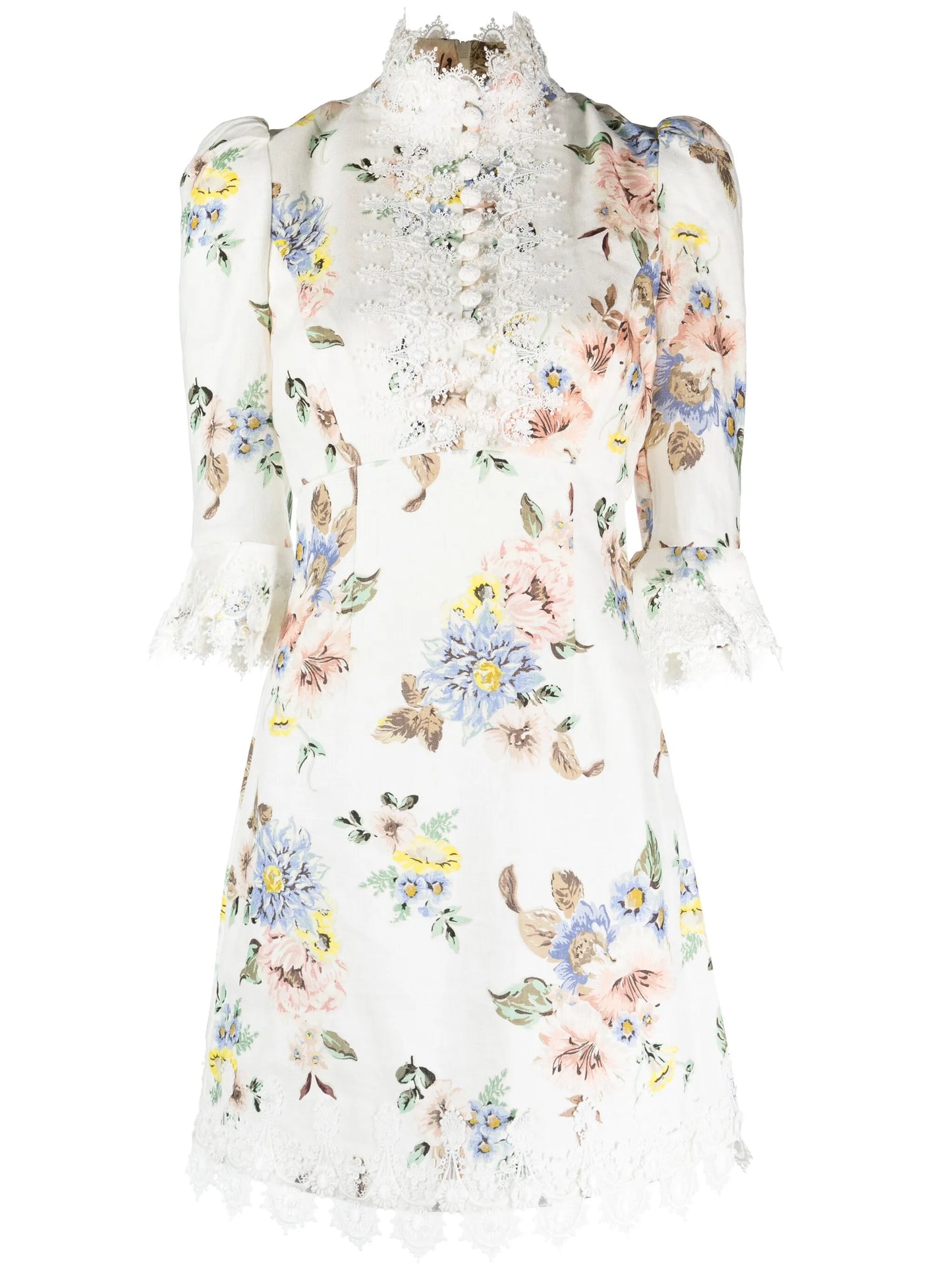 Applique floral-print linen dress