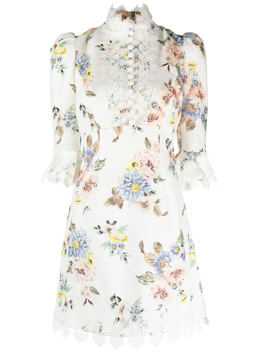 Applique floral-print linen dress