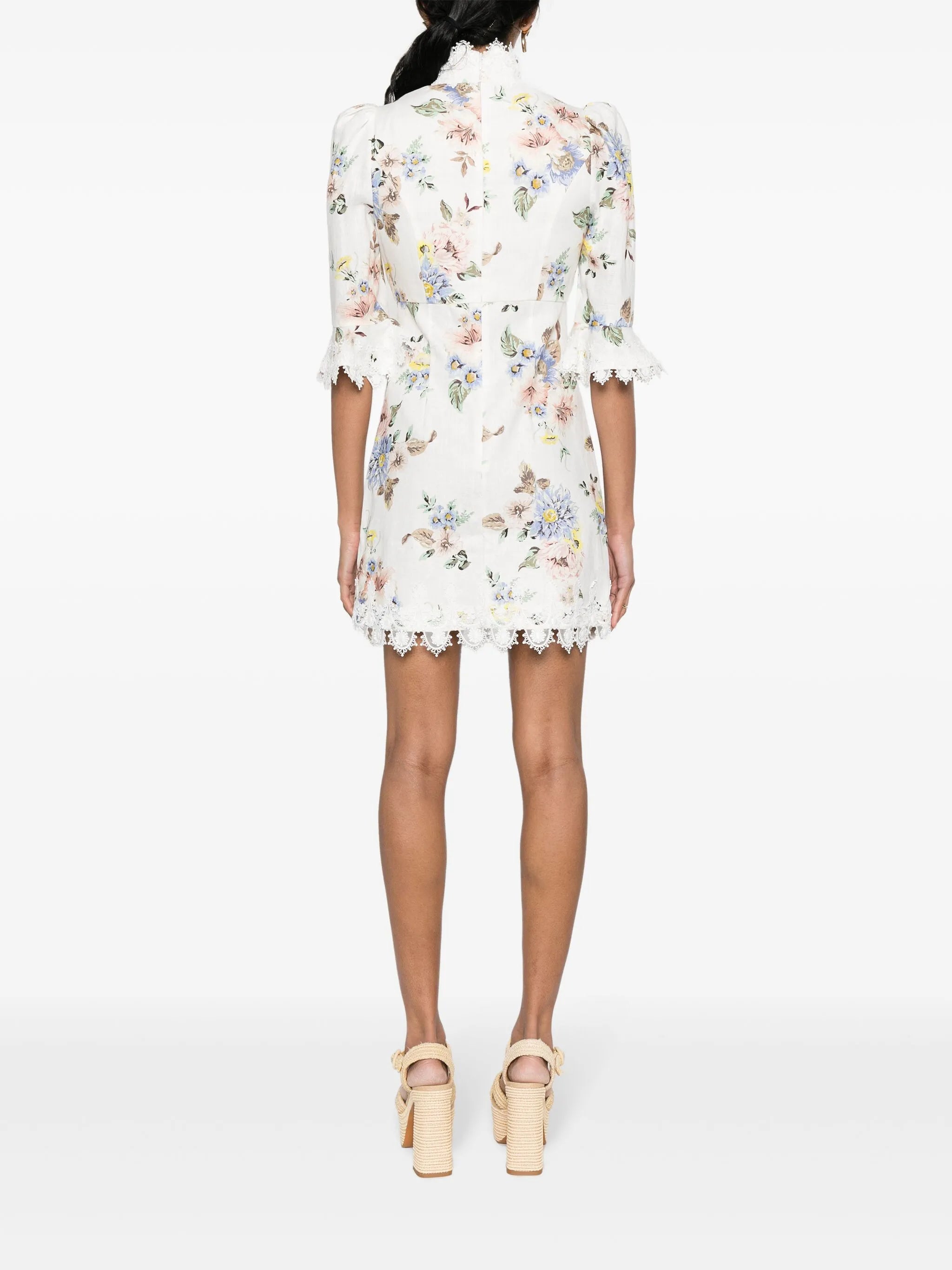 Applique floral-print linen dress