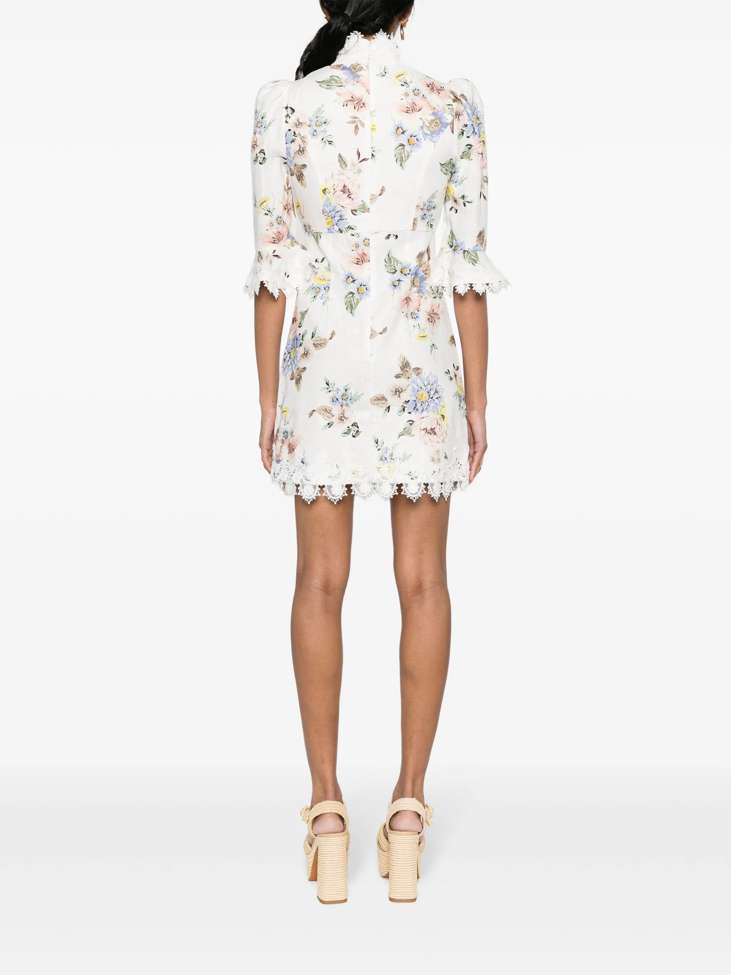 Applique floral-print linen dress