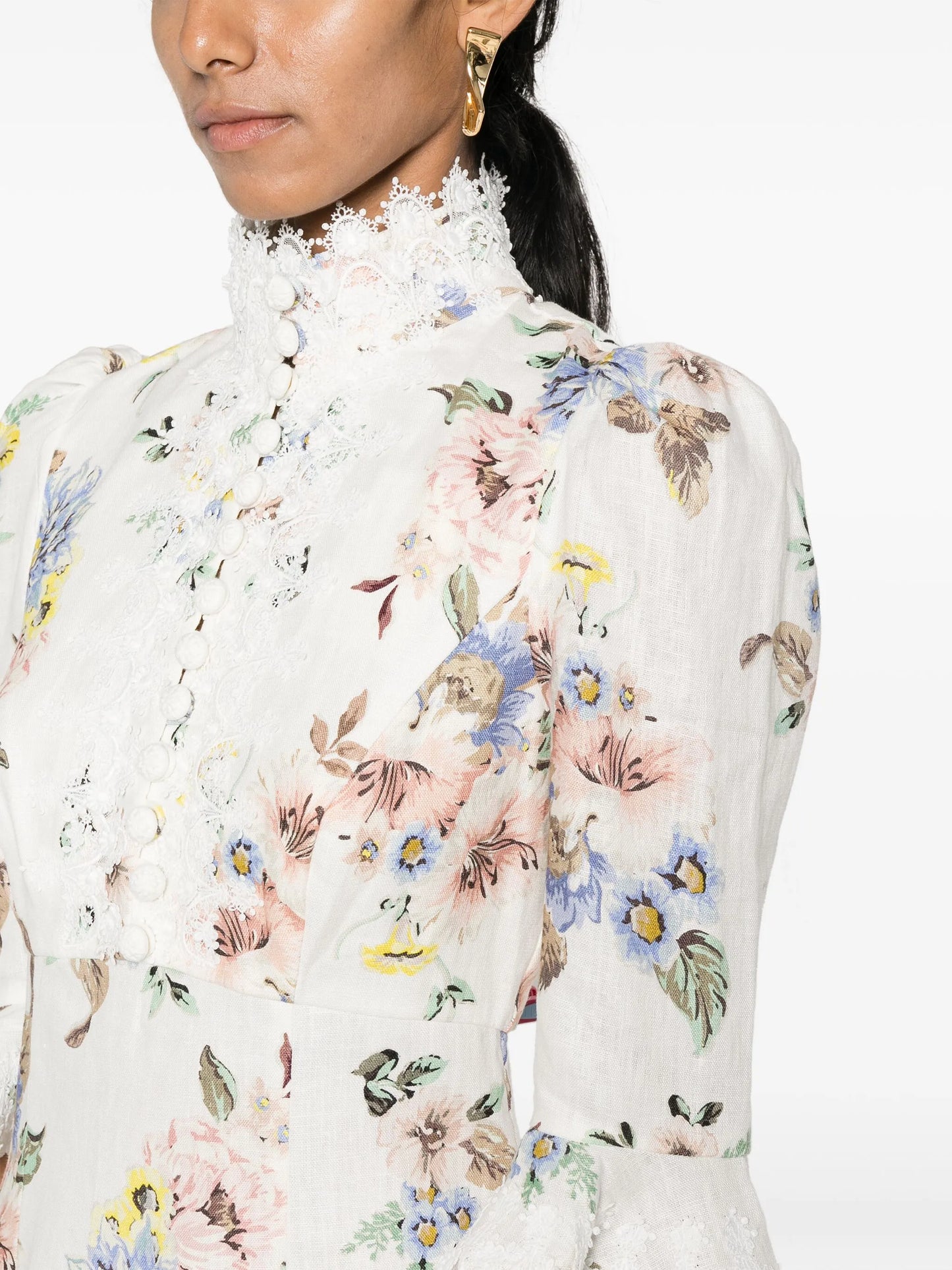 Applique floral-print linen dress