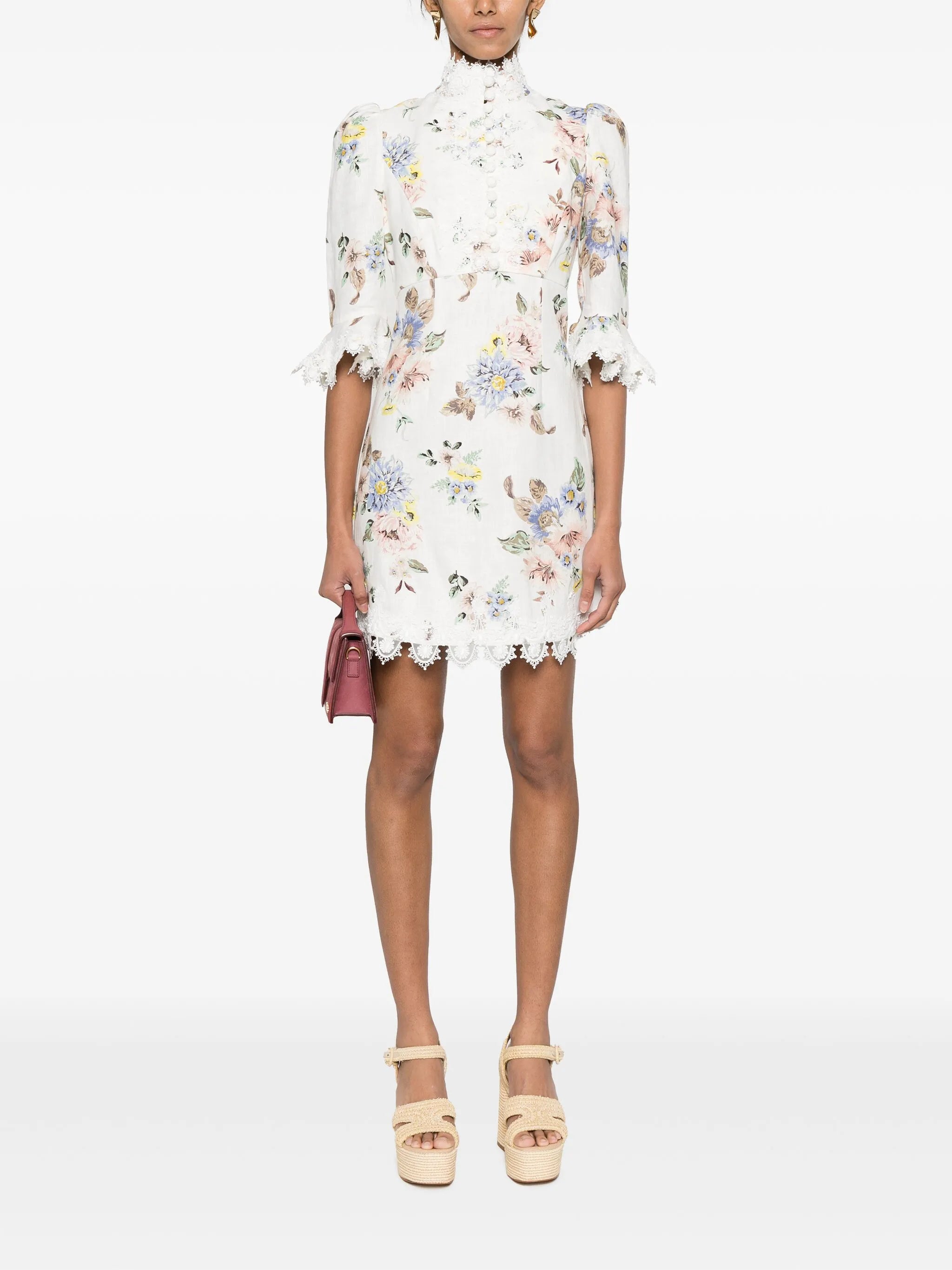 Applique floral-print linen dress