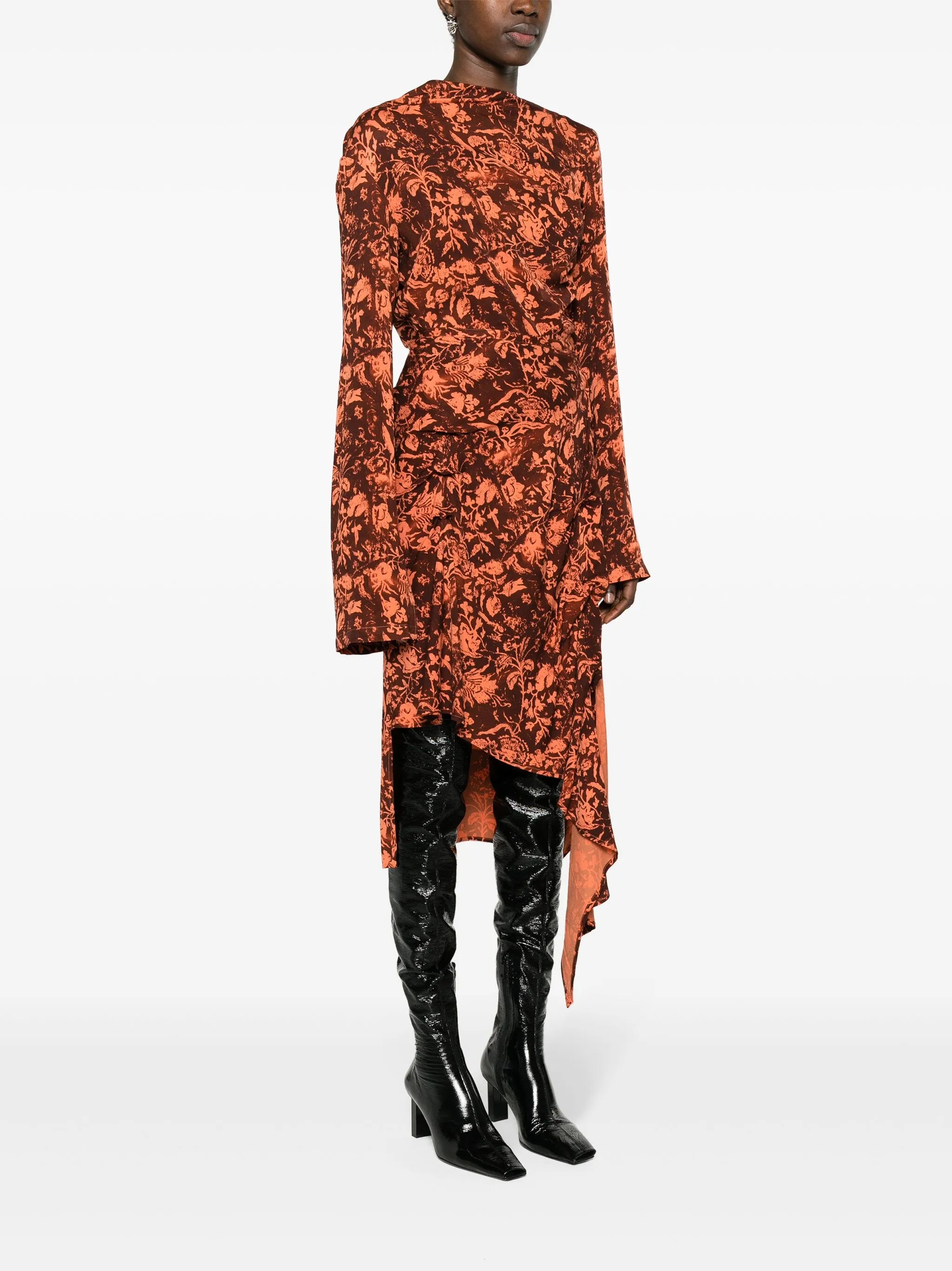 floral-print draped midi skirt