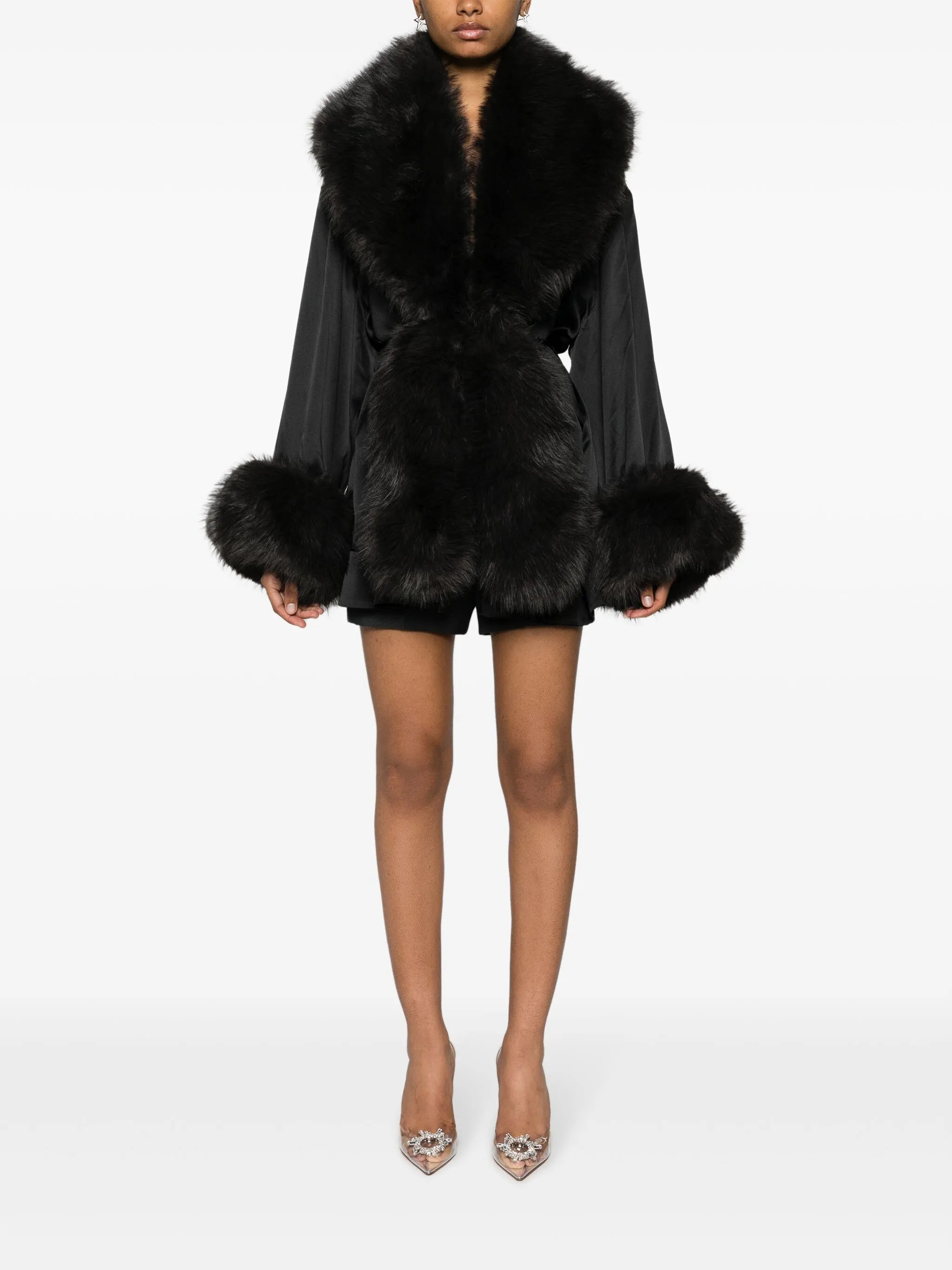 faux fur-trim silk minidress