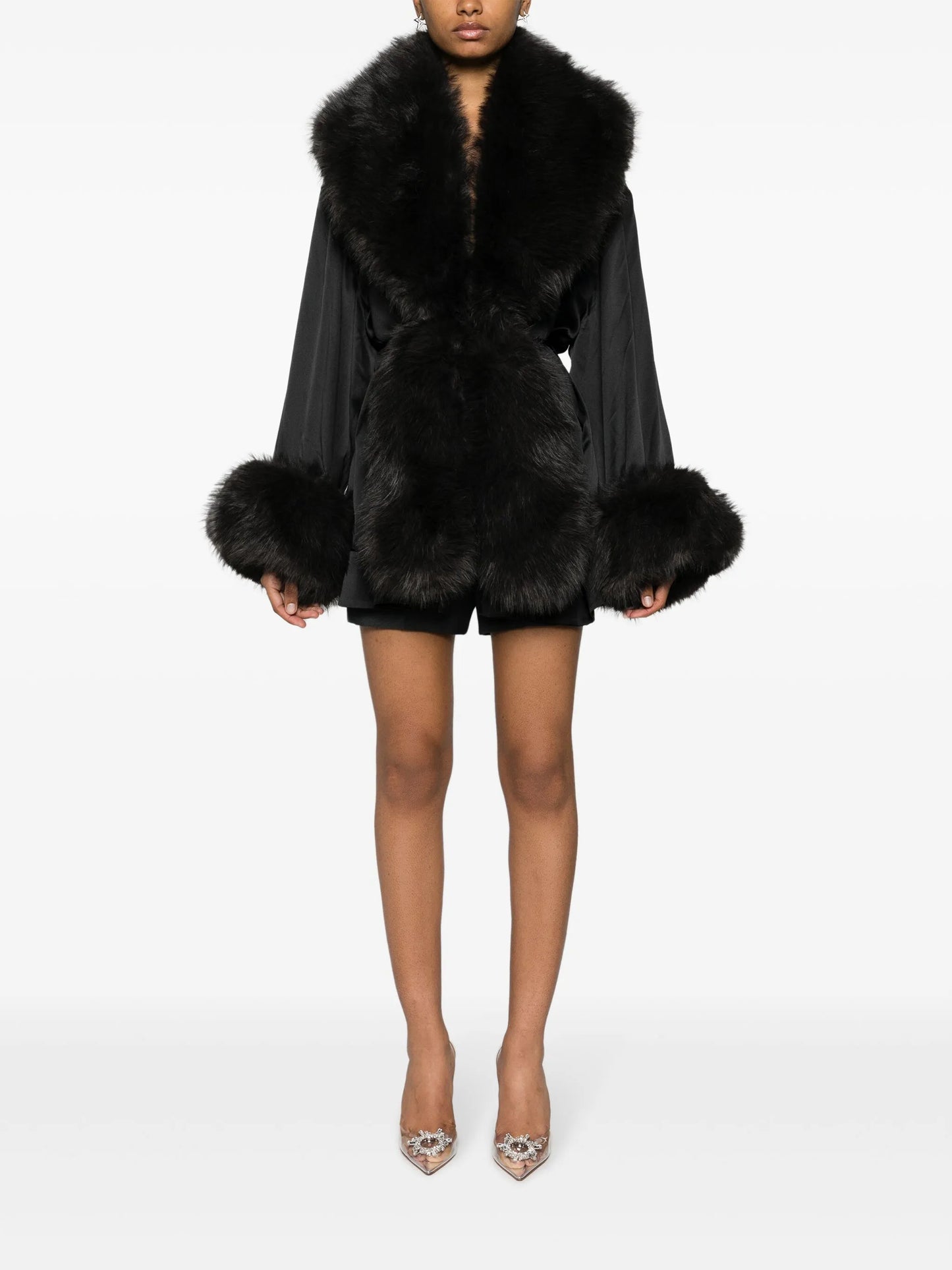 faux fur-trim silk minidress
