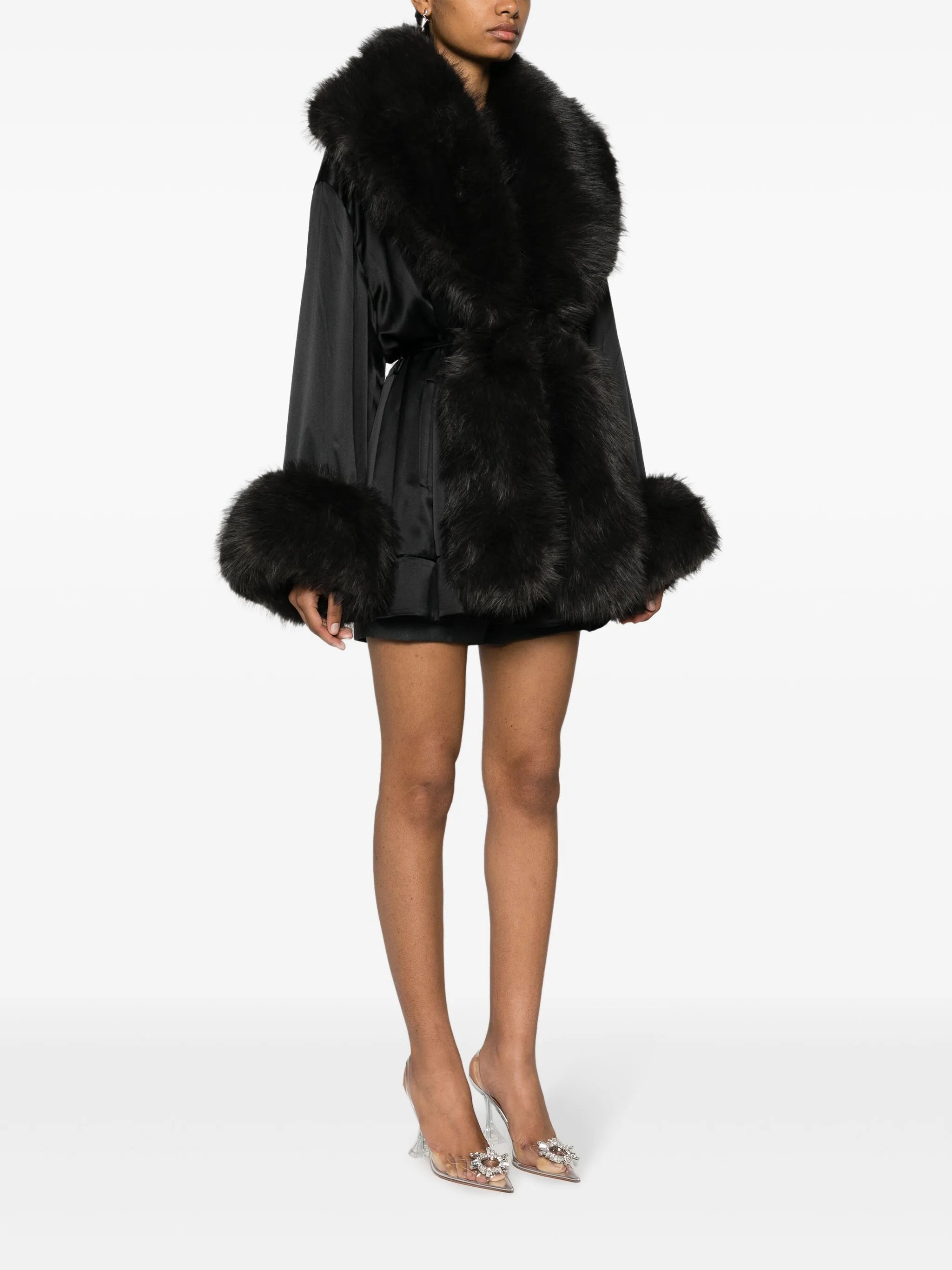 faux fur-trim silk minidress