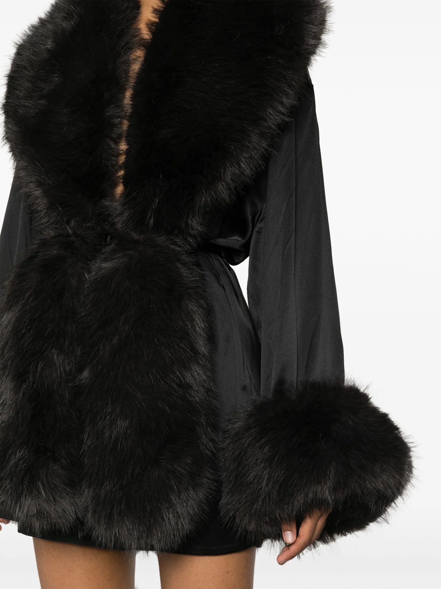 faux fur-trim silk minidress