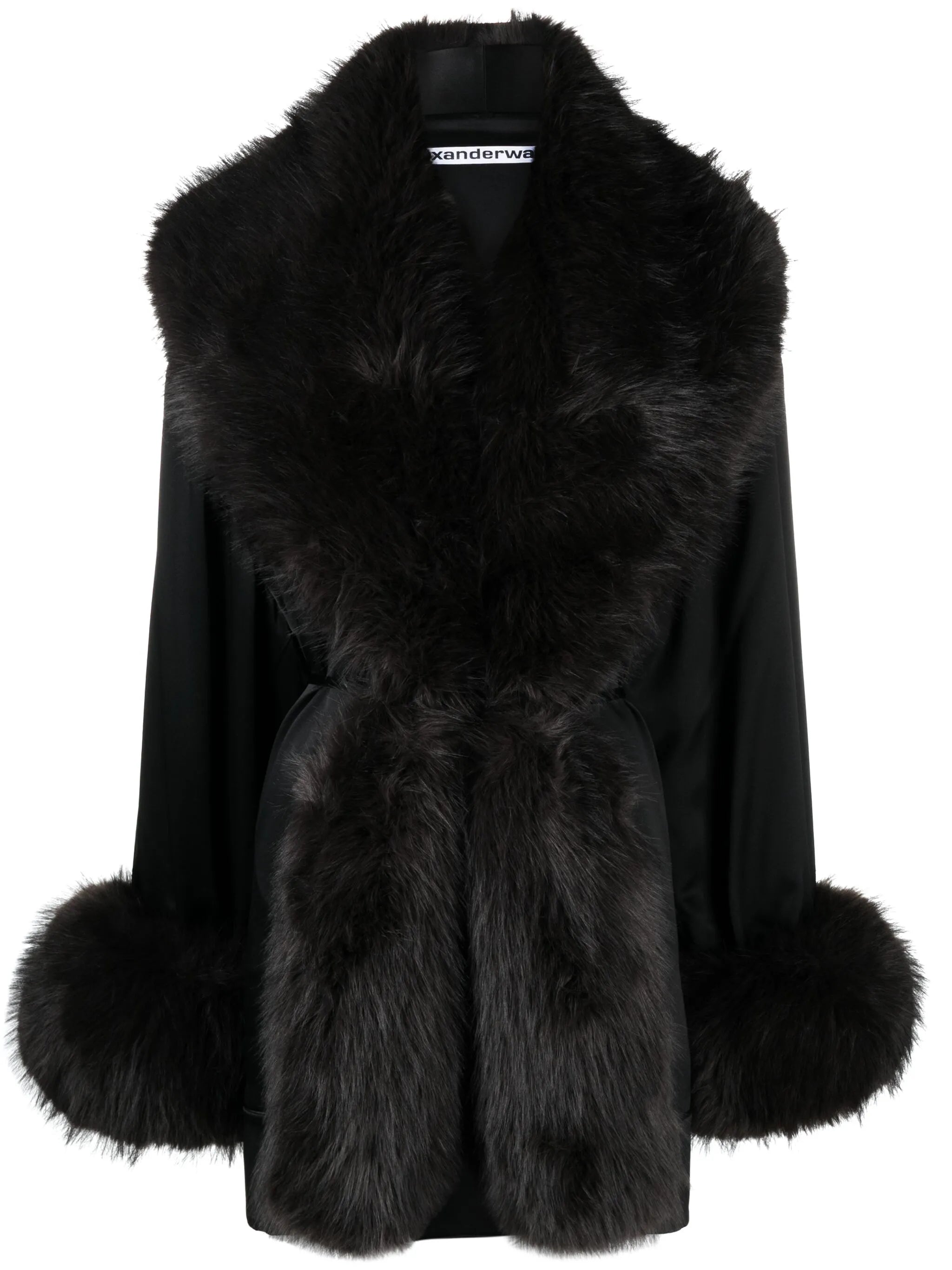 faux fur-trim silk minidress