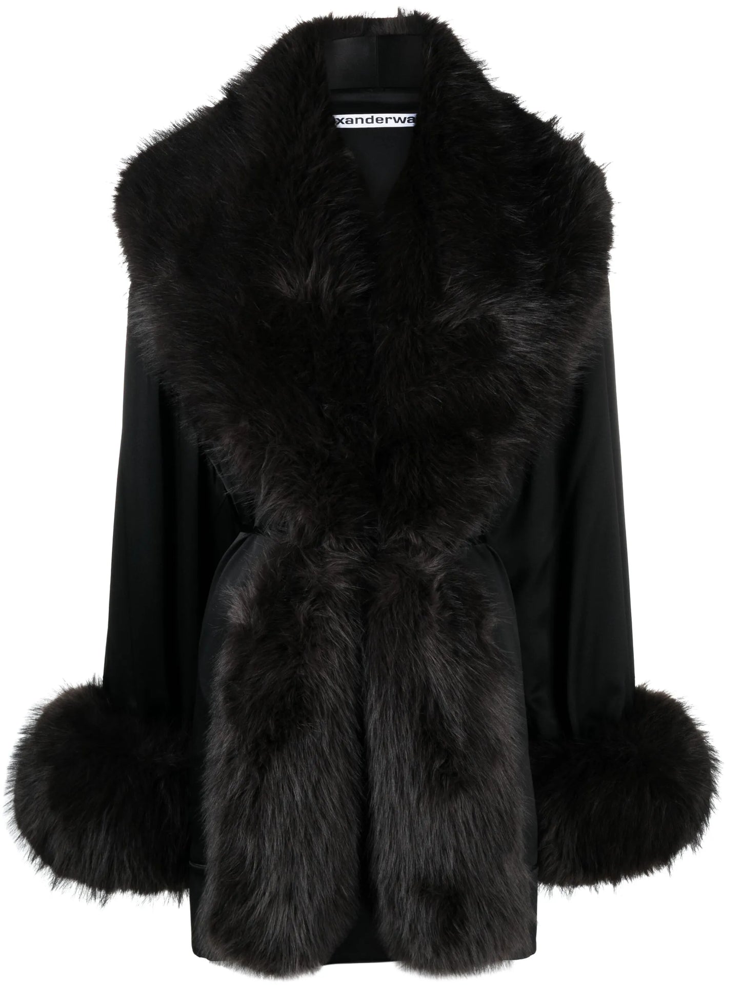 faux fur-trim silk minidress