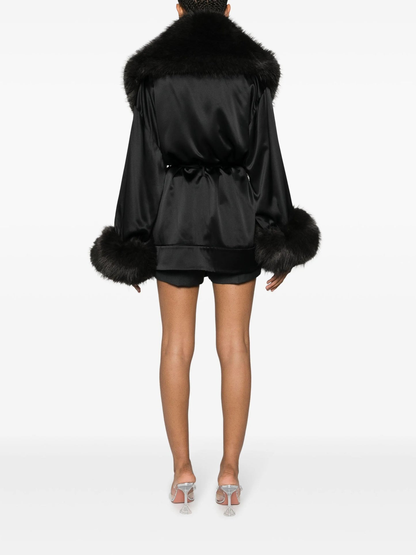 faux fur-trim silk minidress