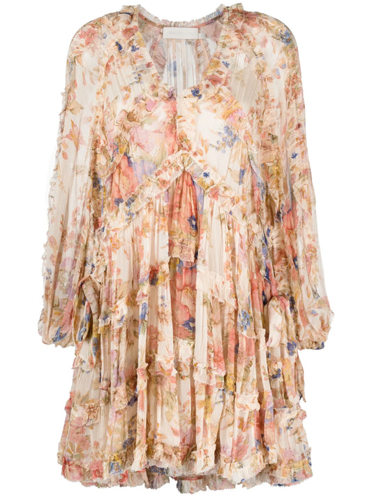 August Billow Frill floral-motif mini dress