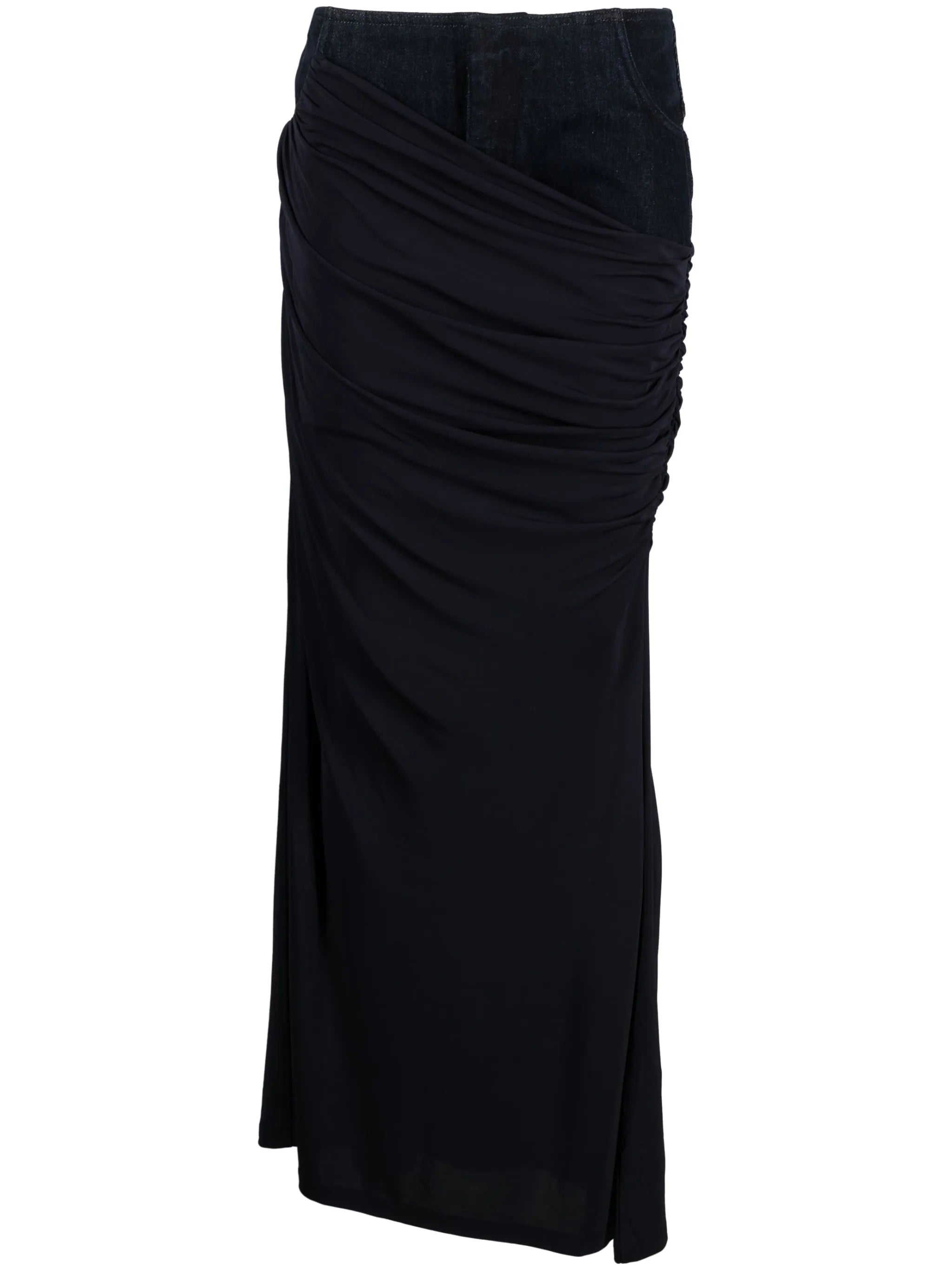 Wrapped denim-trim maxi skirt