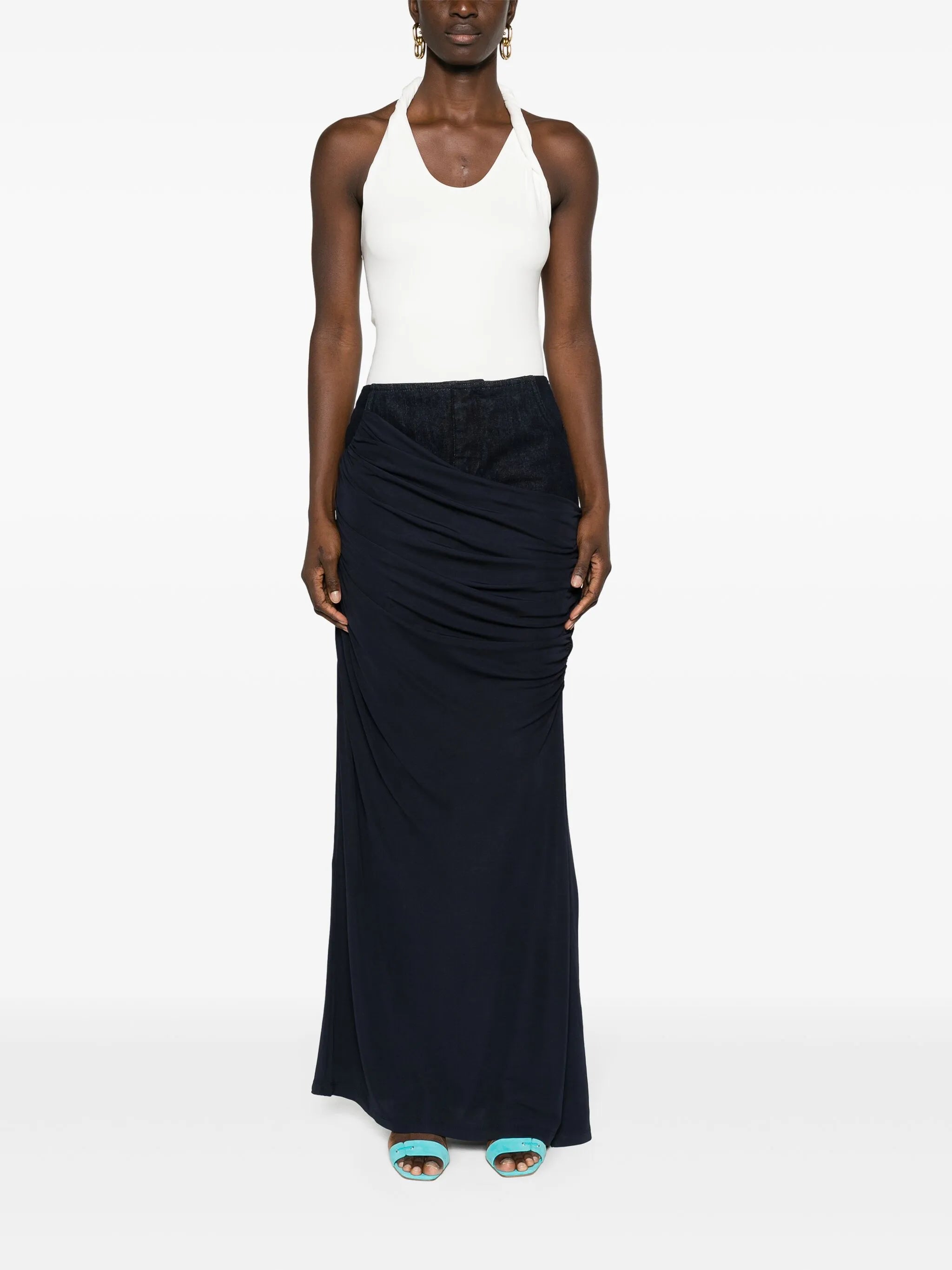 Wrapped denim-trim maxi skirt