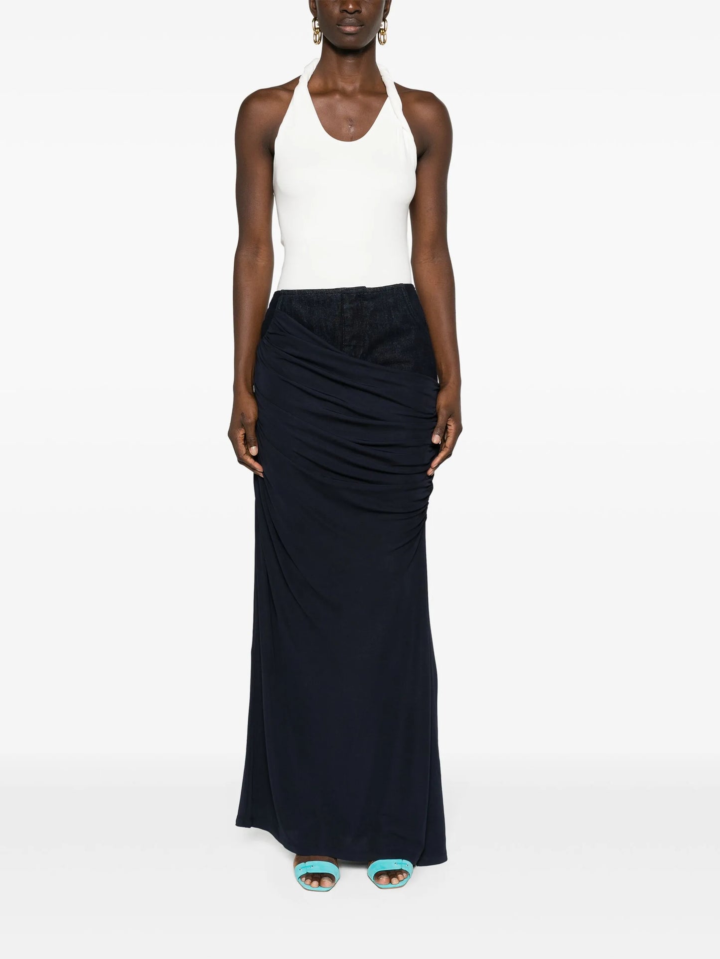 Wrapped denim-trim maxi skirt