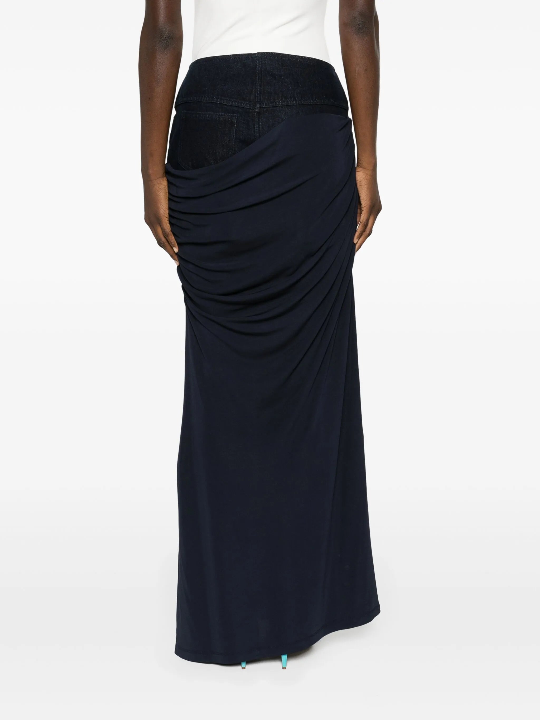 Wrapped denim-trim maxi skirt