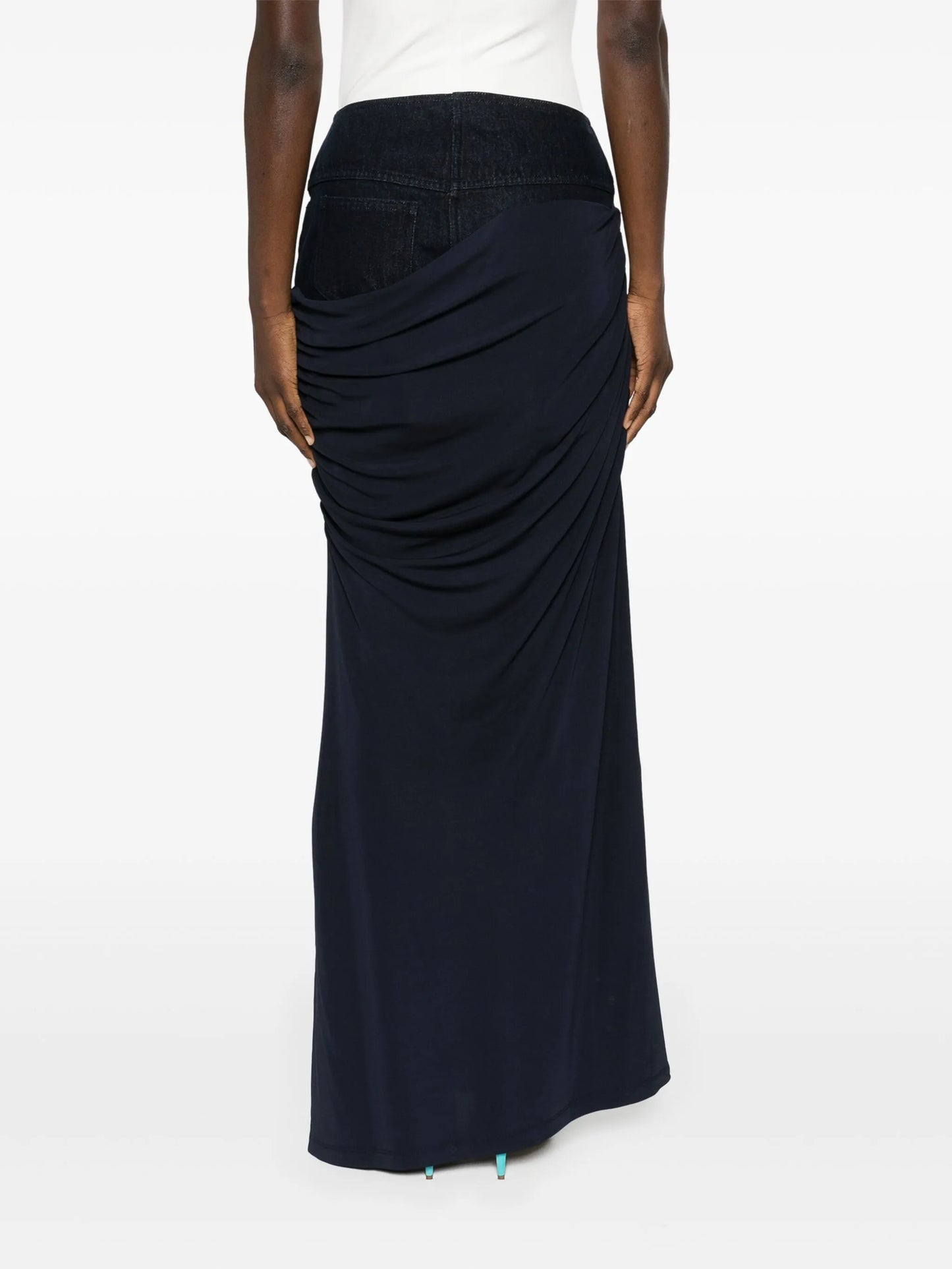 Wrapped denim-trim maxi skirt