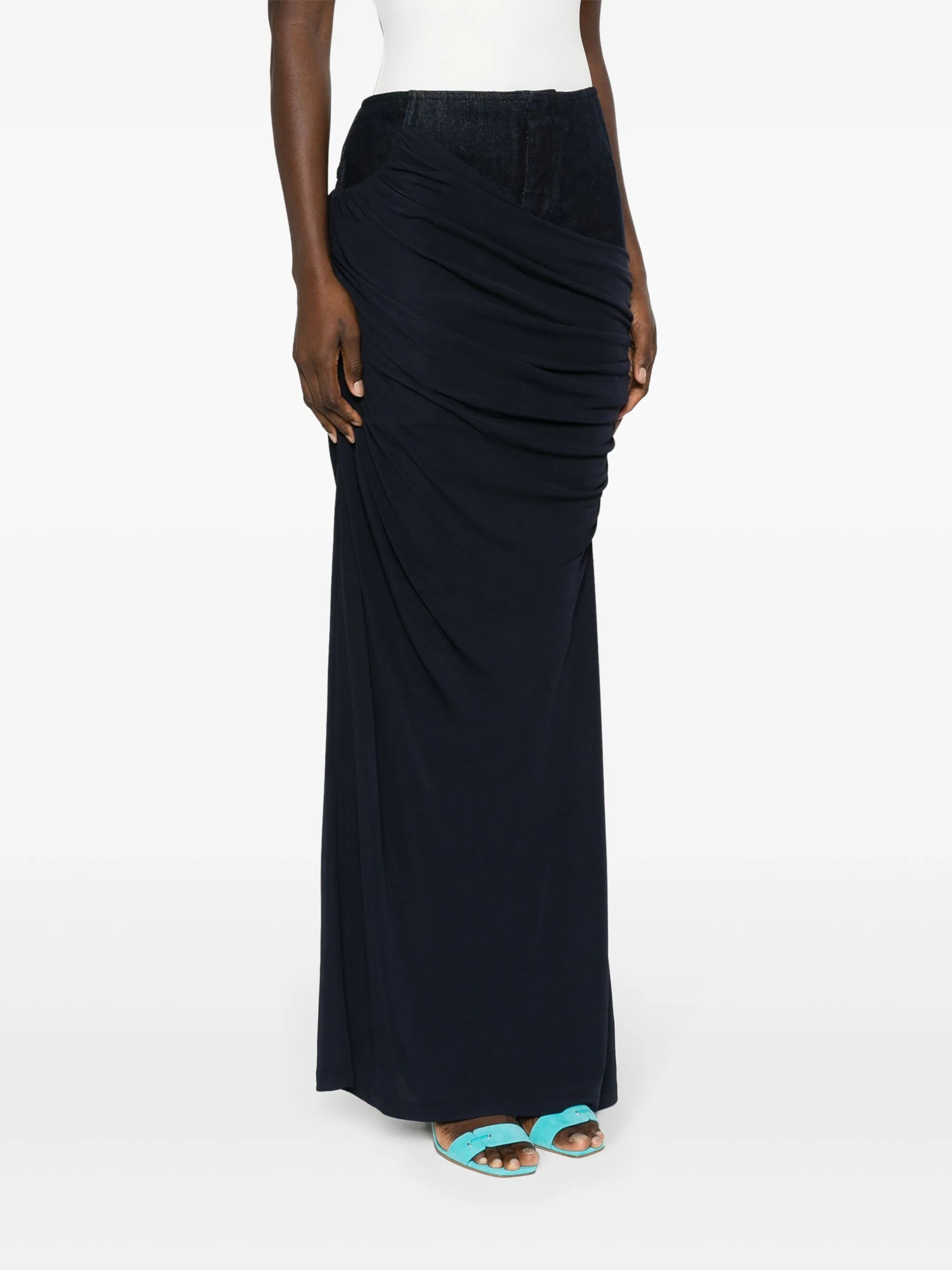 Wrapped denim-trim maxi skirt